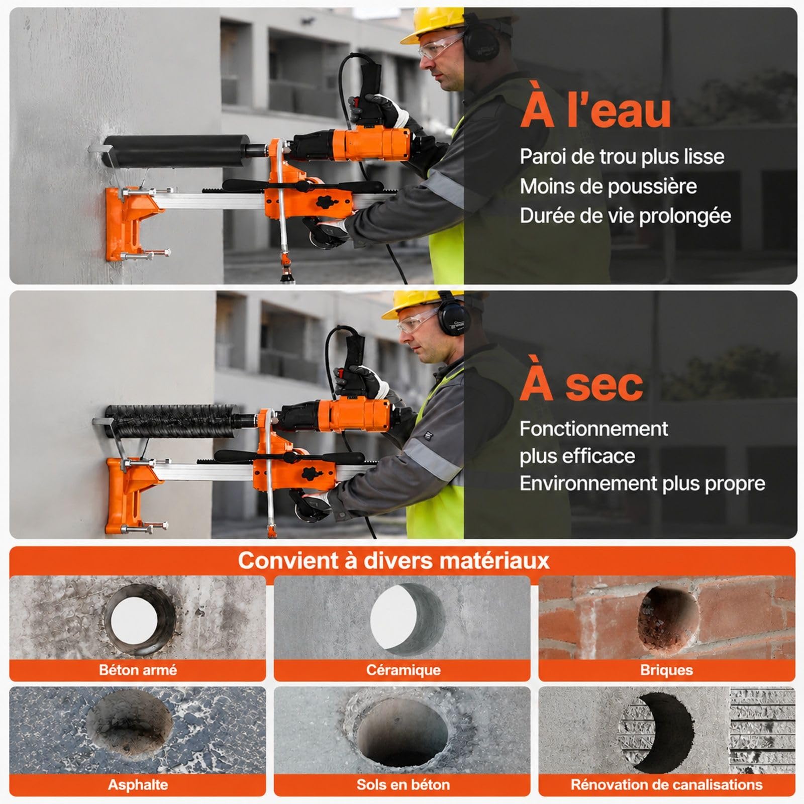 Carotteuse diamant 2 en 1, 1500 W, utilisation portative ou sur pied, 4 forets, 2 vitesses, pour béton, brique et pierre