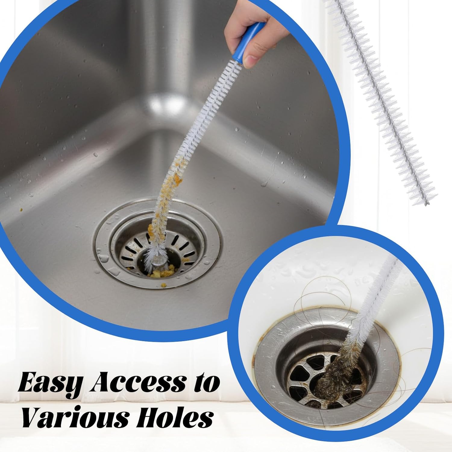 SHENLIU 2pcs Drain Cleaning Brush, Extra Long Sink Drain Clog Brush 23.6inch Snake Drain Hair Removal Tool for Toilet, Kitchen Sink, Bathroom Tub, Shower, Sewer Drain