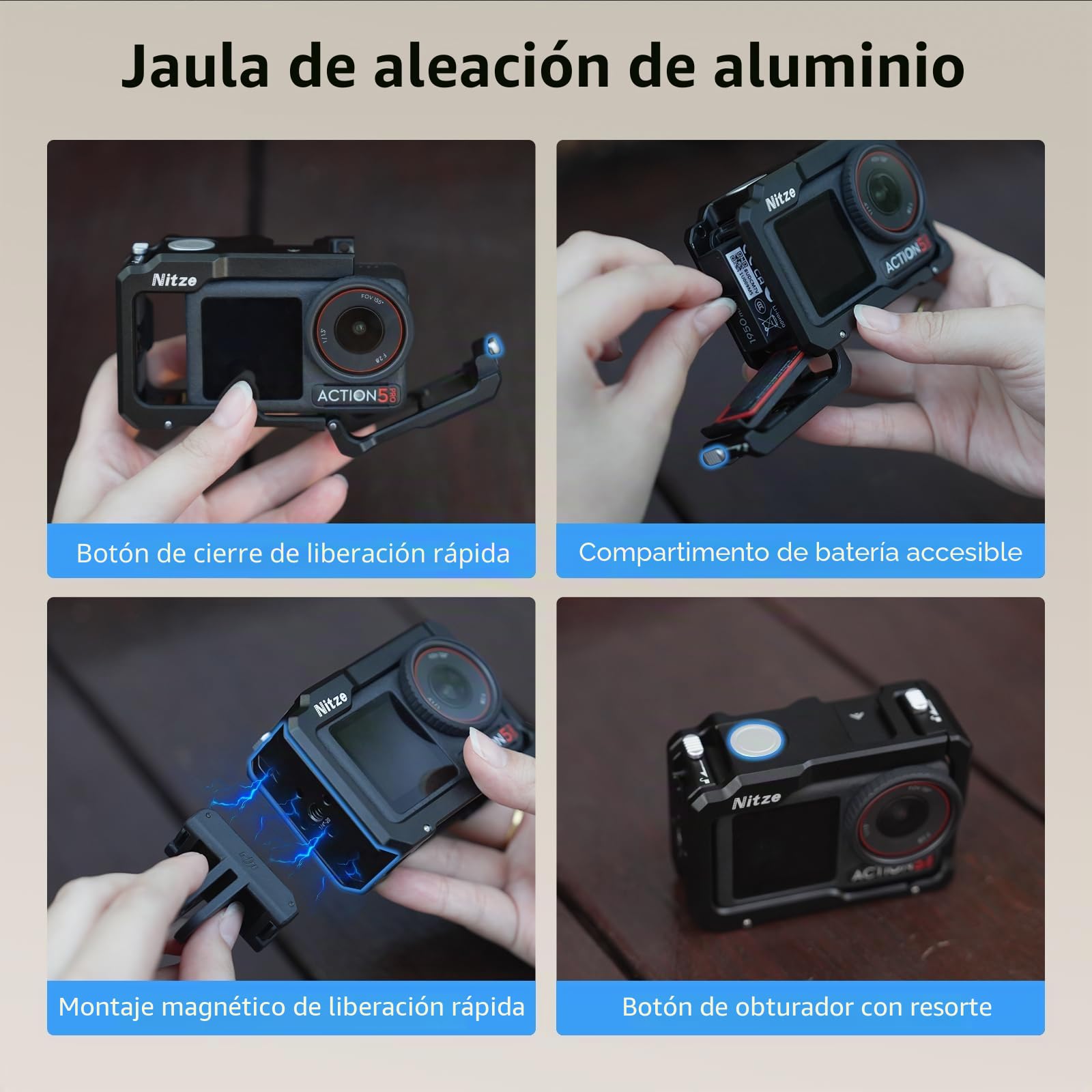 Nitze Kit de Jaula para dji Osmo Action 5 Pro/4/3, Kit Street Grip con Empuñadura Lateral Ergonómica, Cold Shoe Shutter Button, Orificio de Fijación de 1/4" para dji Mic, Trípodes - T-D04B