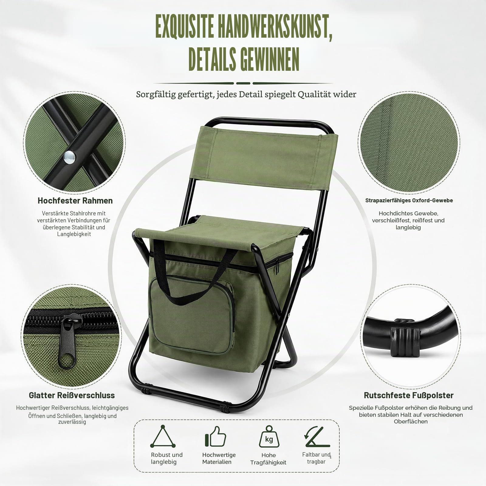 Klapphocker Faltbar,Tragbarer Klappstuhl for Den Außenbereich,Campingstuhl Anglerstuhl,Aufbewahrungstasche mit Kühlfach,Leichter Angelhocker für Wandern, Angeln und Draussen