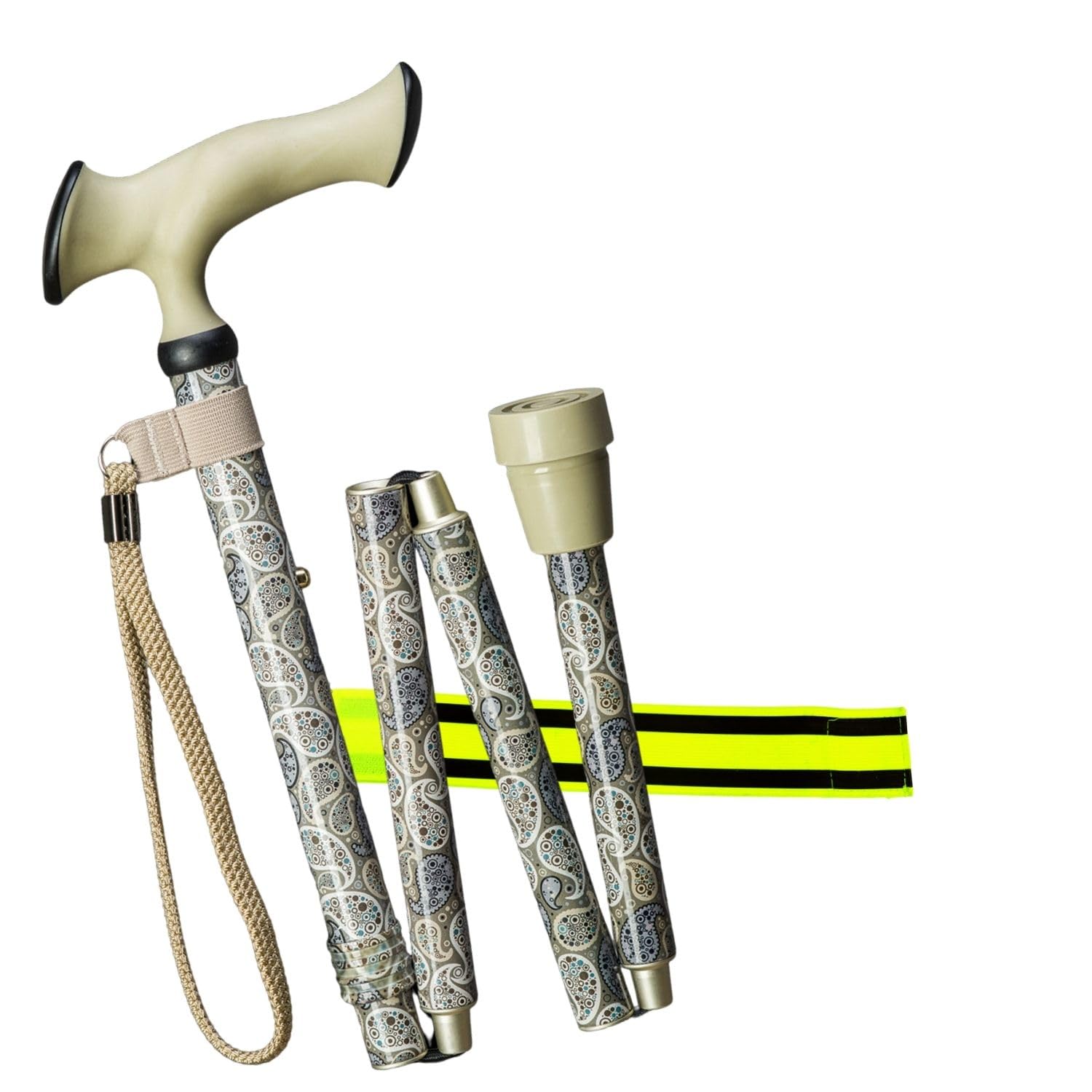 Bastón plegable de 4 piezas, altura regulable, plegable, muy suave, ergonómico, de aluminio con mango ergonómico, soporta hasta 120 kg + correa de Olanmarp con rayas