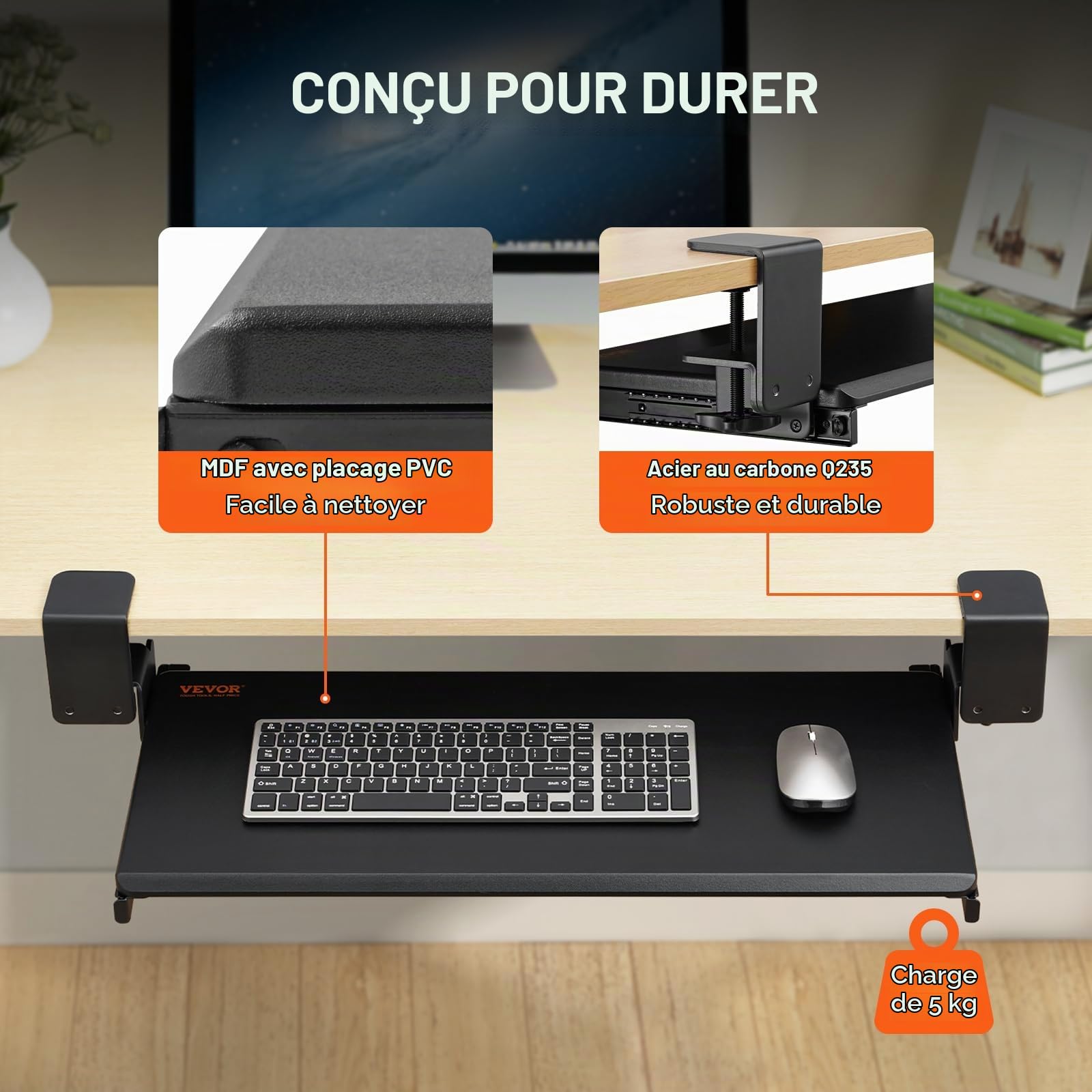 VEVOR Support Clavier 68x28 cm Plateau pour Clavier et Souris Coulissant sous Bureau Charge Max 5 kg Tablette Coulissante Clavier Fixation Facile avec Pinces en C Sans Perçage pour PC Bureau Domicile