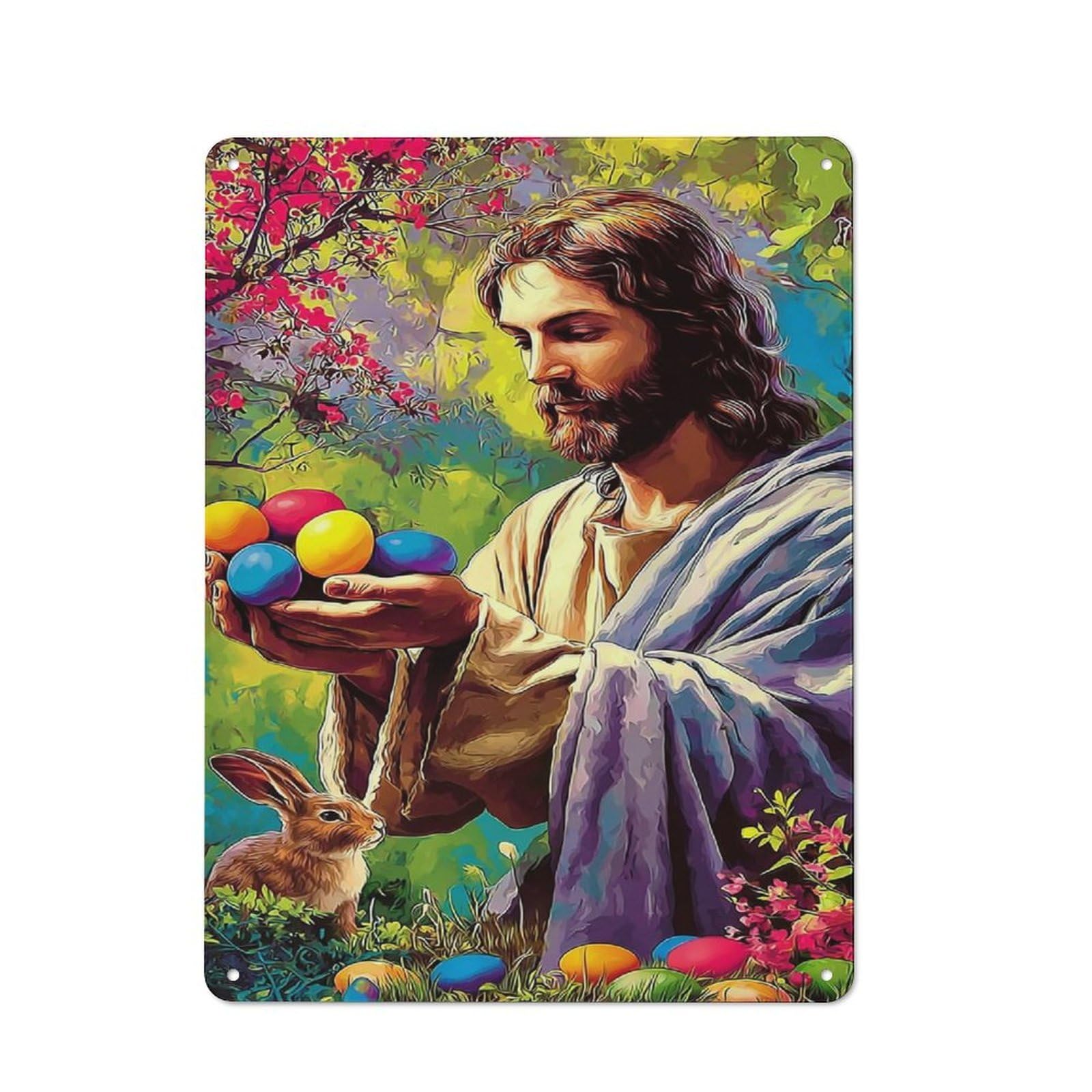 Junmoney Jesus With Easter Eggs And Bunny -1 Vintage Tin Sign 40X30cm With For Studio Or Craft Room, A Decorative Christmas Gift For Creative-Space Collectors