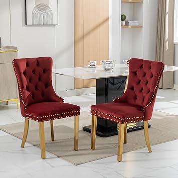 Velvet Dining Chairs Set of 2, Upholstered Accent Chairs with Golden Metal Legs, Nailhead Trim, Back Ring Pull and Button Tufted, Seat Height 20", Burgundy + Gold Legs