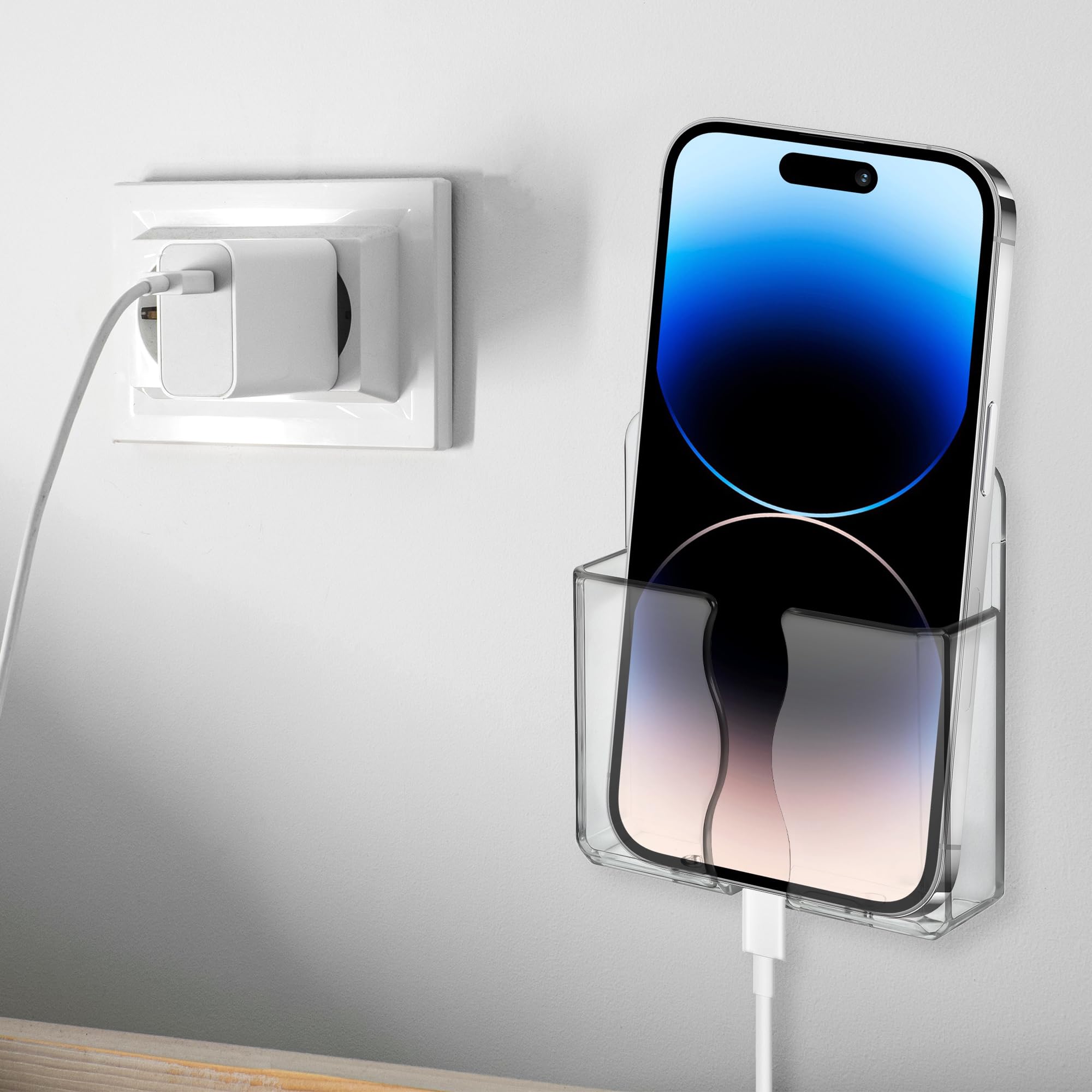 Ymapinc 2 Stück Transparente Handyhalterung Wand, Universal Wandhalterung Handy mit Ladeloch Selbstklebend Fernbedienung Handyhalter Wand für meisten Mobiltelefone(9.2x2.7x10.5cm)