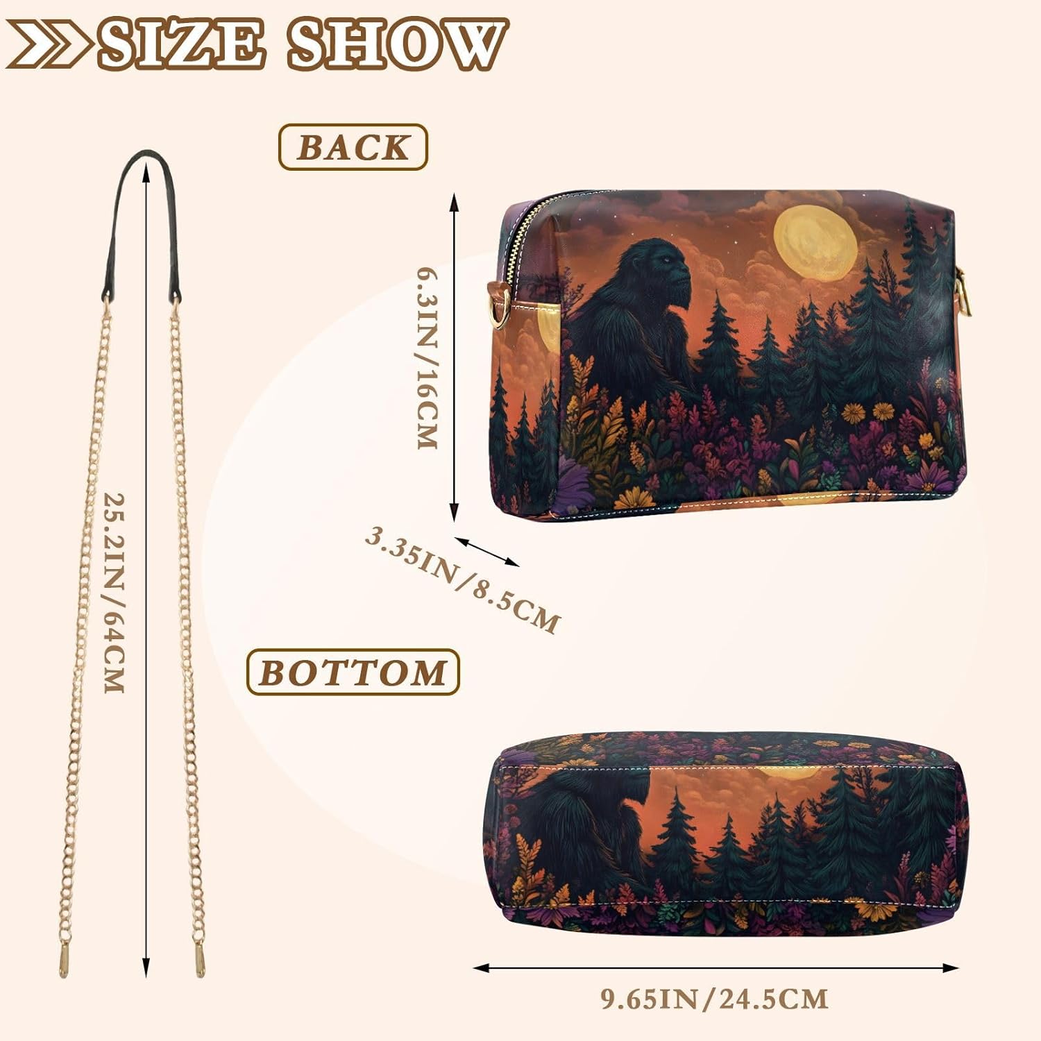 Women Crossbody Bag Shoulder Handbag Cellphone Purse PU Leather Metal Chain Strap Water Resistant Zipper Closure Sasquatch Forest Moon Print