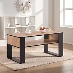 CENSI Mesa de centro de 91 cm para sala de estar, mesa central moderna preta e de carvalho com prateleira de armazenamento aberta, mesa de coquetel retangular de madeira, L 91 x P 40 x 48 cm