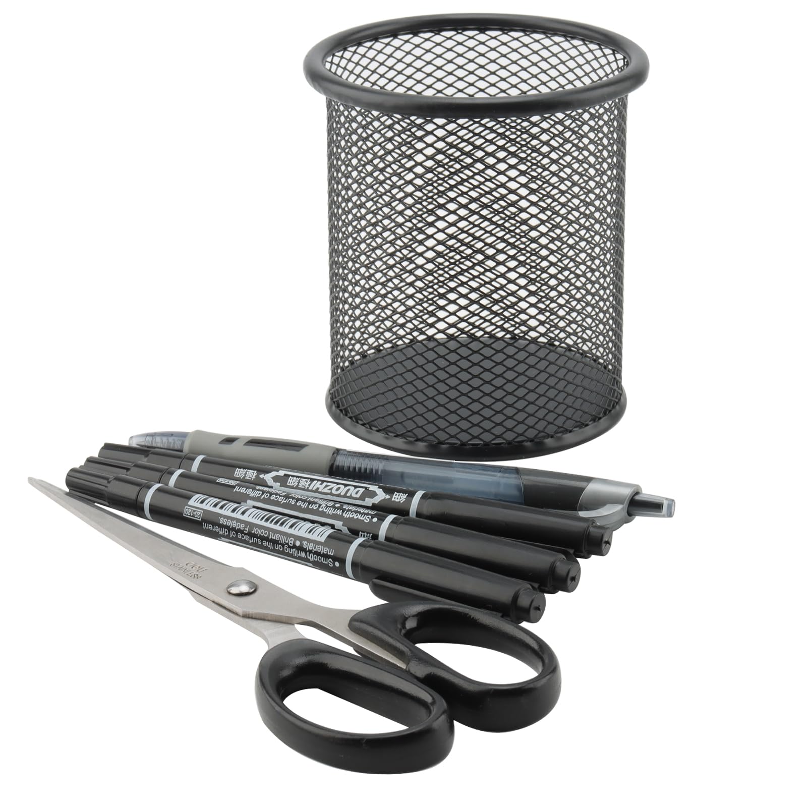 MOUYAT 24 Stück 9 x 10 cm (D x H) Metall Stiftehalter, schwarzes Netz, Stiftehalter, runder Stiftehalter, Schreibtisch-Organizer, Stiftebecher, Bleistifttöpfe für Zuhause, Büro, Stifteorganisation,