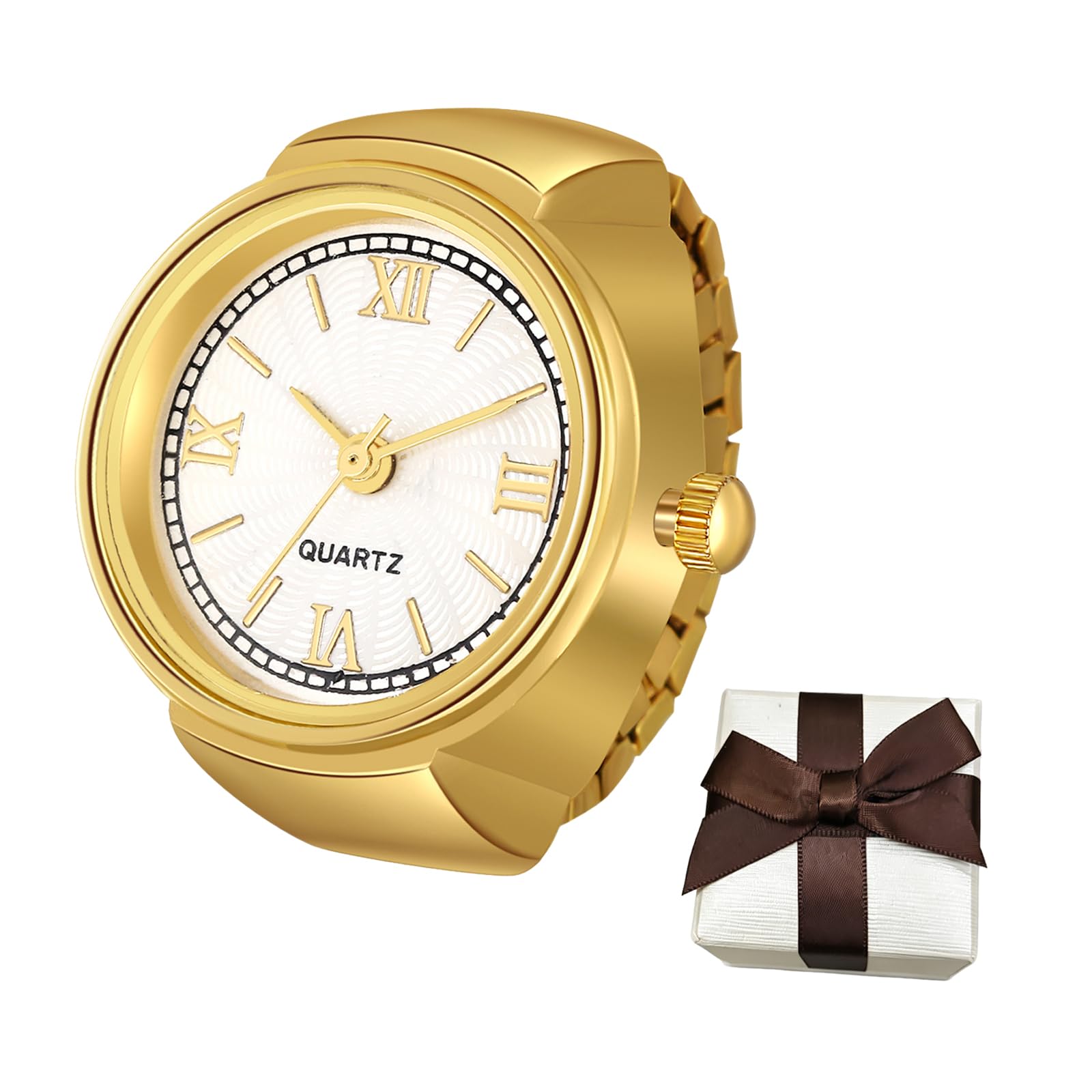 JewelryWe Finger Watch for Women - Stretchy Elastic Band Round Simple Dial Quartz Ring Watches for Daily and Office
