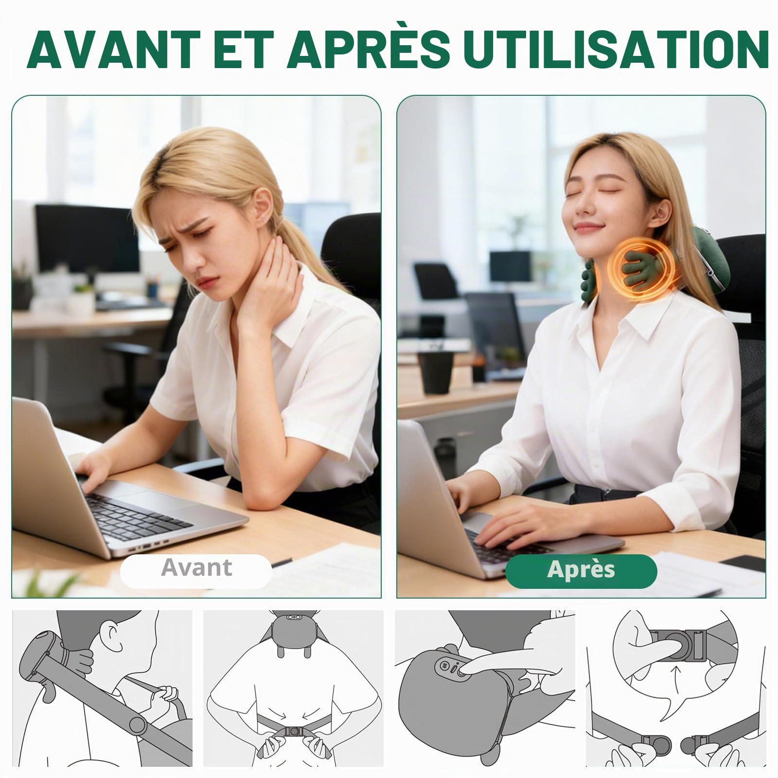 4D Masseur de Cou, Masseur dos et Cervicales， Massage Cervicales et Cou, Épaules et Dos avec Chaleur 3 Réglages de Massage et 2 Niveaux de Chaleur Sans Fil Rechargeable USB