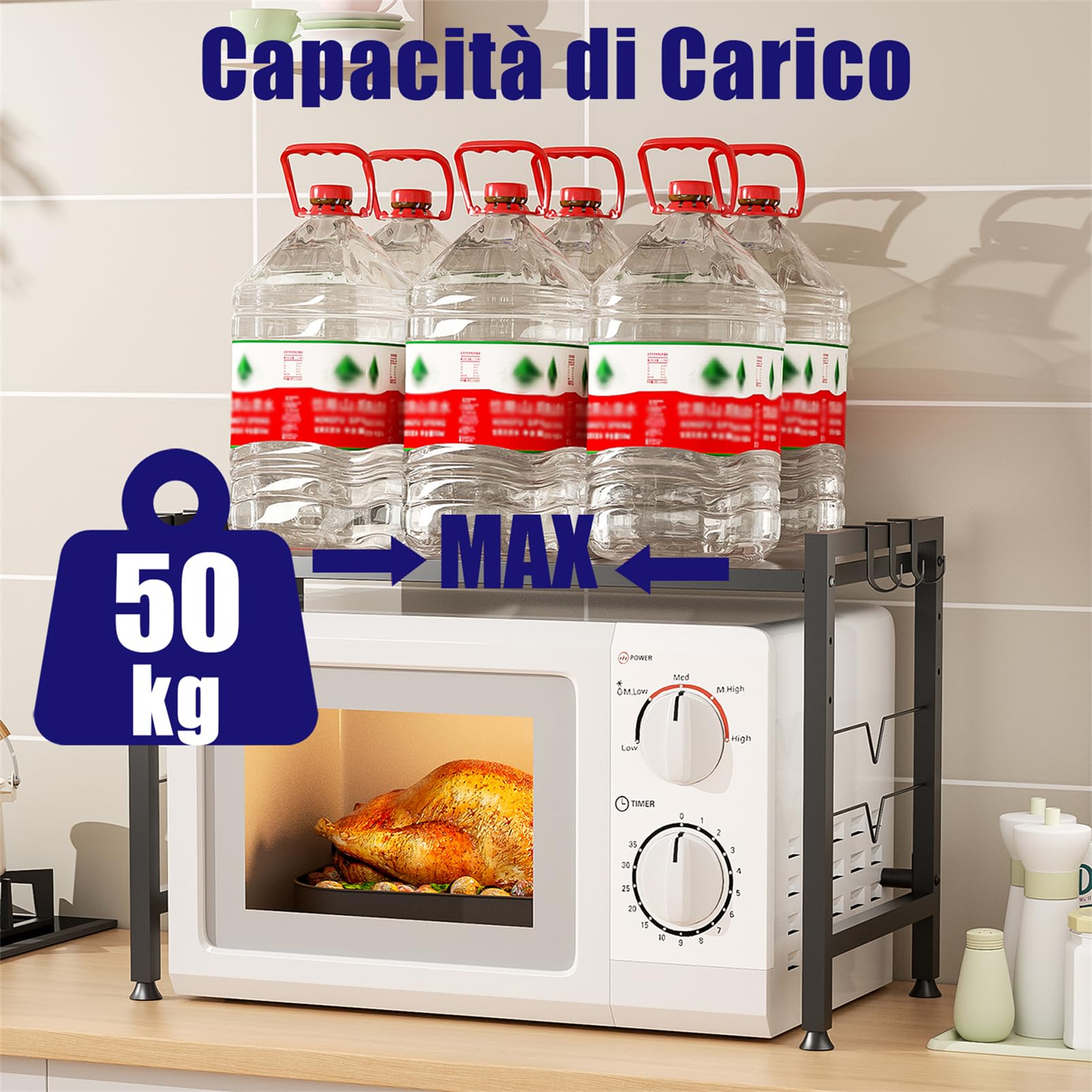 Scaffale Espandibile Per Microonde - Allungabile Da 40 A 64cm, Con 6 Ganci, Nero