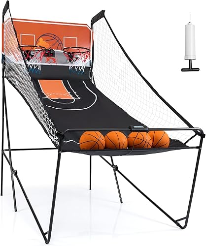 Miniatura 7 de Giantex Juego de Arcade de Baloncesto Plegable, 8 Opciones de Juego, Juego Electrónico de Tiro Doble para 2 Jugadores con 4 Bolas y Sistema de Negro