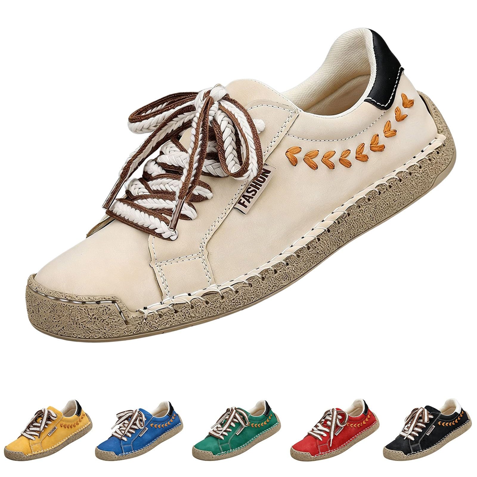 Low-Top-Sneaker für Damen und Herren, flache Stickerei, Schnürschuh, beige | Handgenähte, runde Zehenpartie, breite Passform, rutschfest, Unisex, Freizeit-Sneaker, Wanderschuhe, Urlaub, Büro