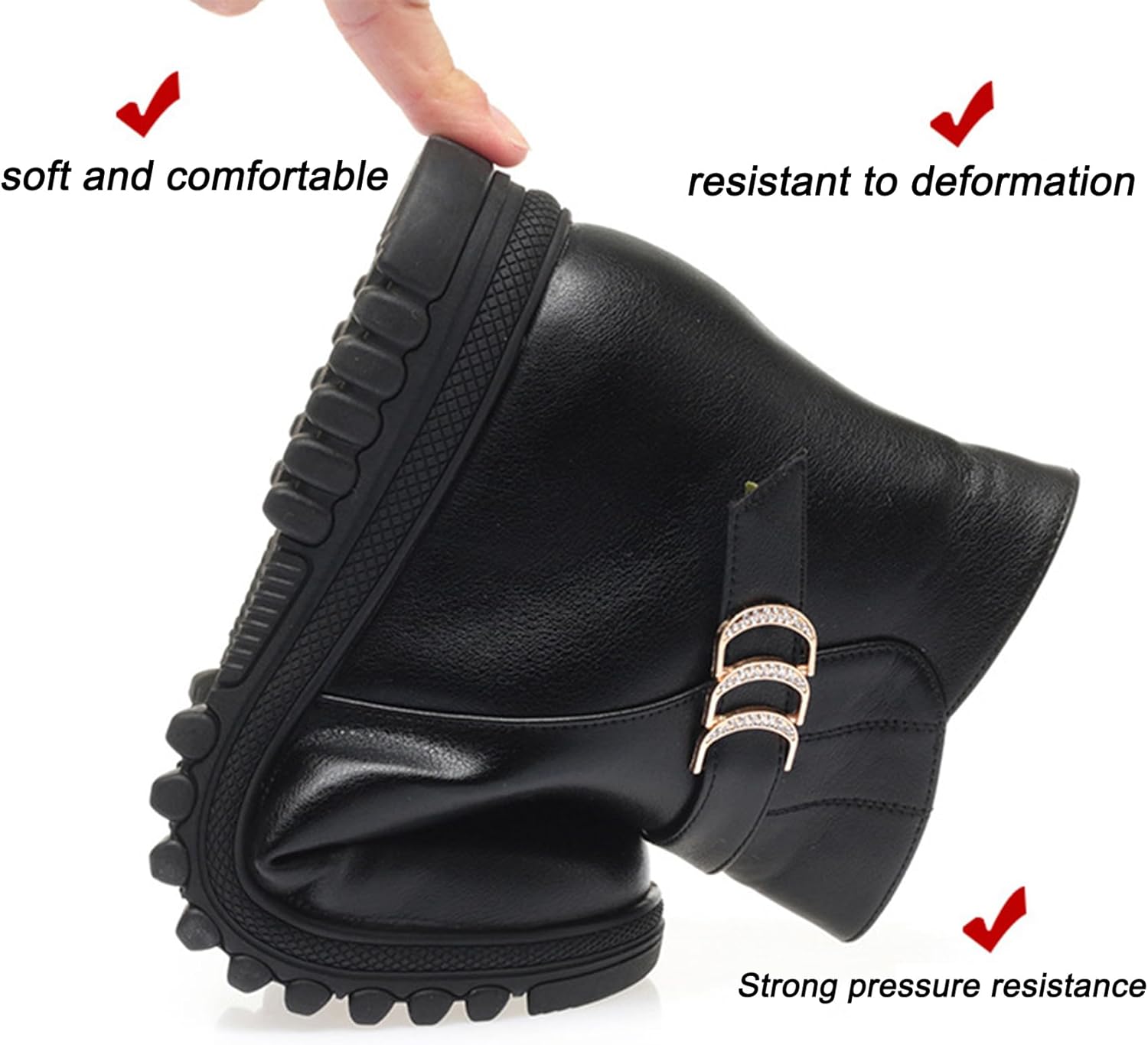 Women's Winter Snow Boots Leather Wedge Ankle Boots with Rhinestones - Fully Fur Lined Side Zipper Warm Non-Slip Soft Sole