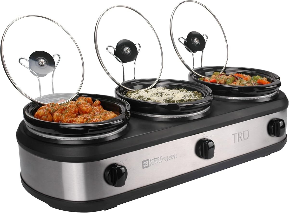 TRU Triple Buffet Server - Three 2.5 Quart Removable Crock Inserts - Slow Cooker & Food Warmer with Individual Heat Control - Includes Lid Rests & Serving Spoons