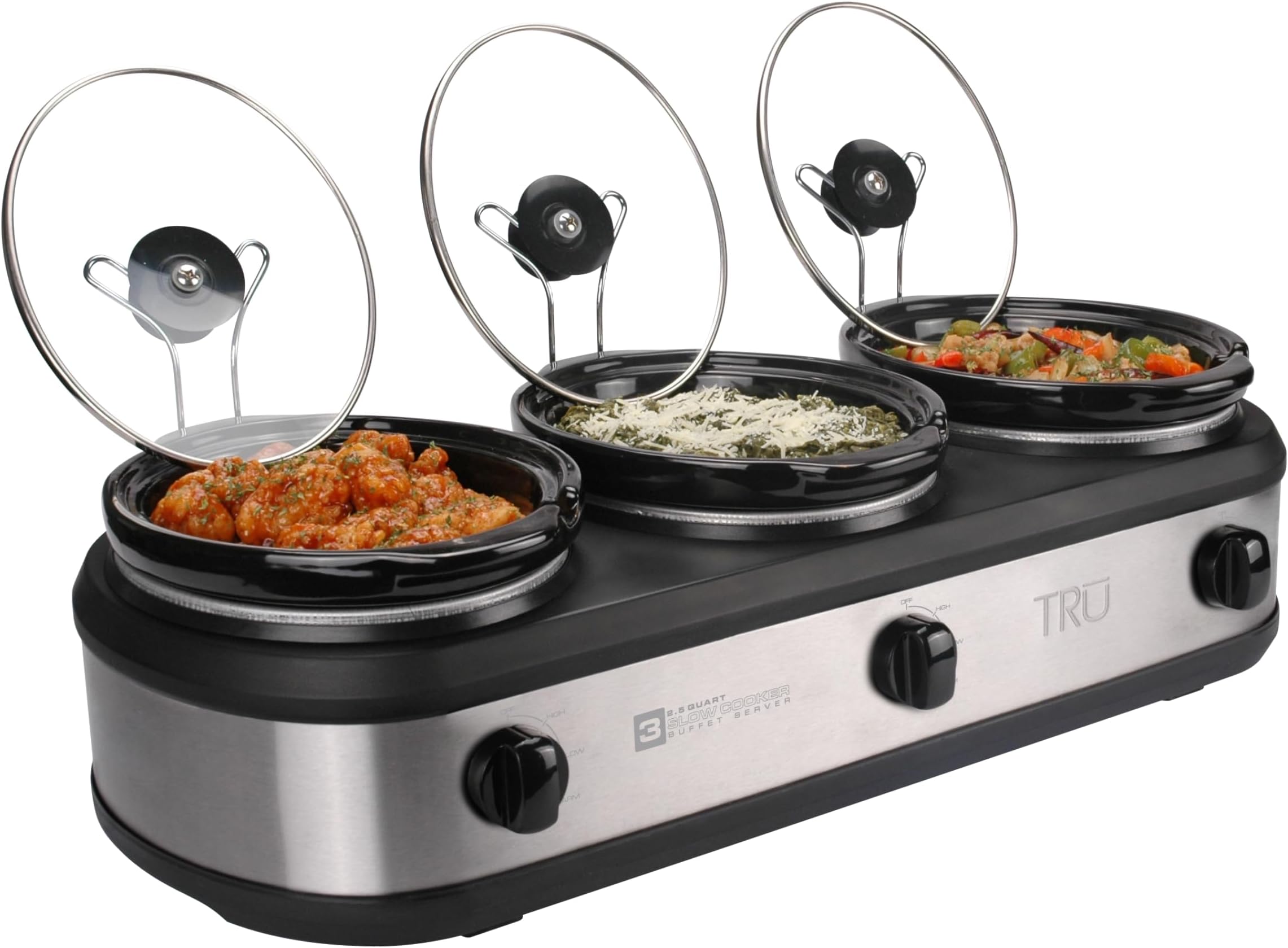 Triple Buffet Server - Three 2.5 Quart Removable Crock Inserts - Slow Cooker & Food Warmer with Individual Heat Control - Includes Lid Rests & Serving Spoons