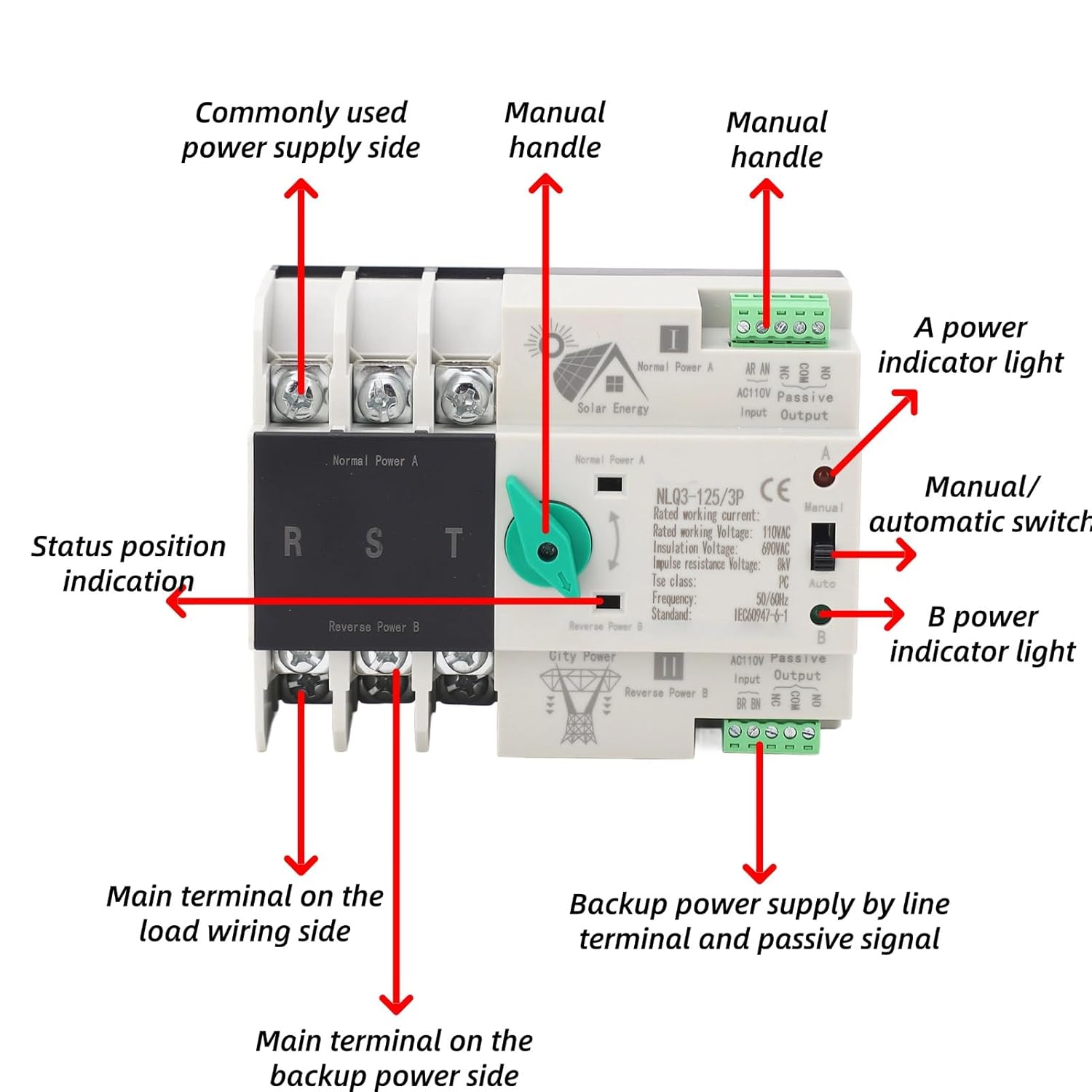 3P 110VPower Automatic Transfer Switch 63A Din Rail Type Mini ATS Backup Emergency Power Electrical Selector Generator Changeover Switch
