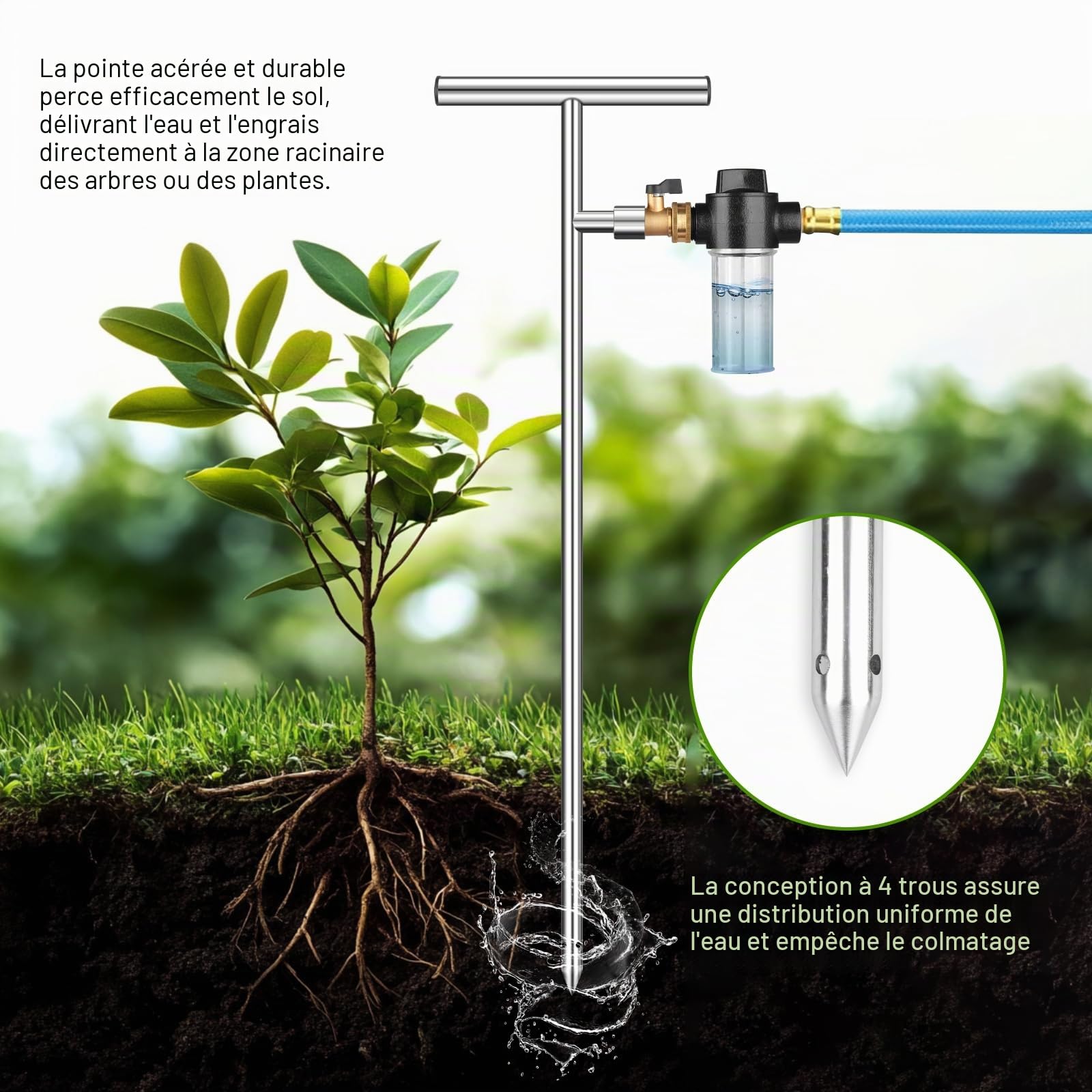 Système d’Arrosage Profond en Acier Inoxydable, 81,3 cm avec Bouteille d’Engrais et Valve en Laiton, Poignée en T, Outil d’Irrigation pour Plantes, Légumes, Fleurs, l'agriculture (Plata + Negro)