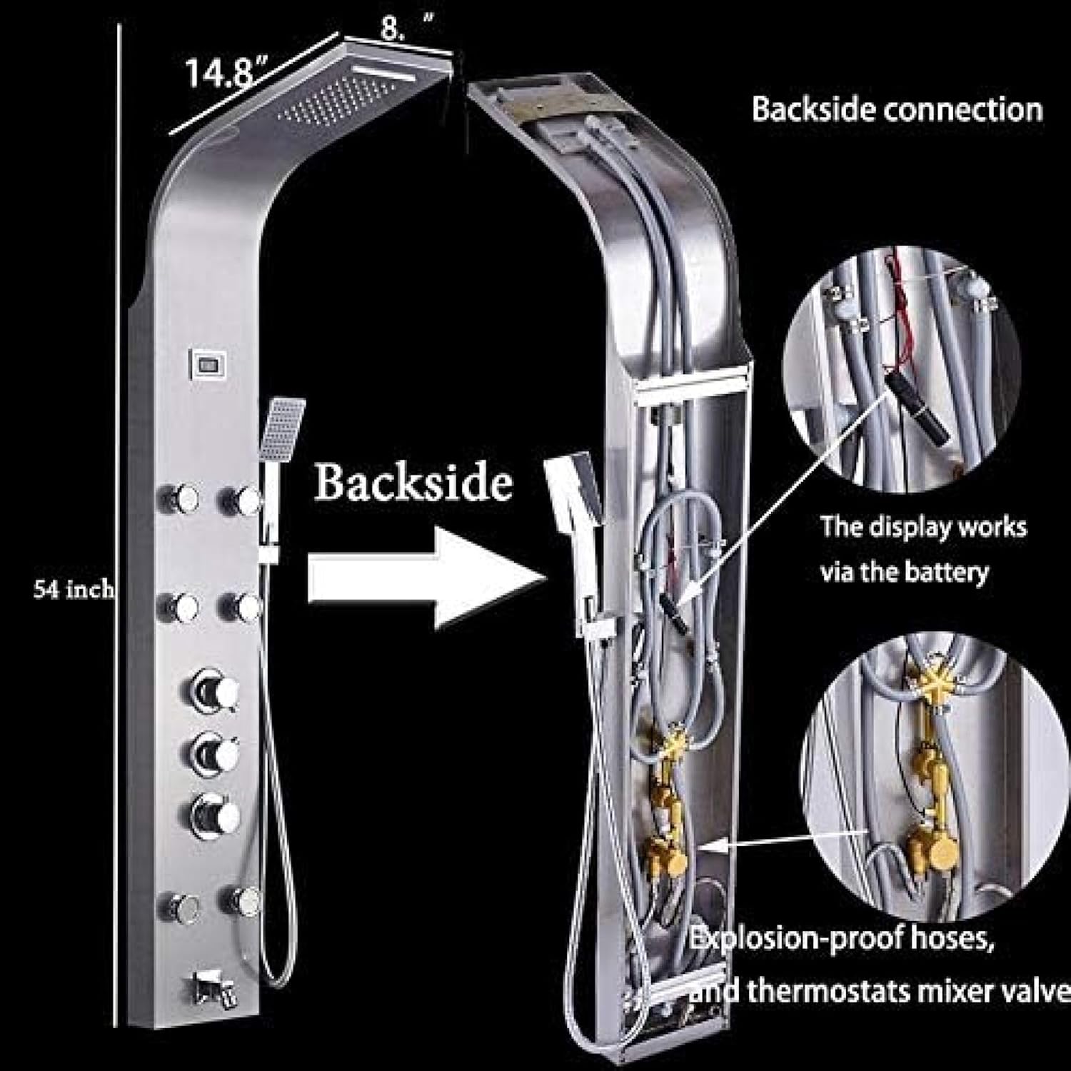 Thermostatic Shower Panel Column Rainfall Shower Faucets Stainless Steel Shower Column Digital Temperature Display Shower Suit