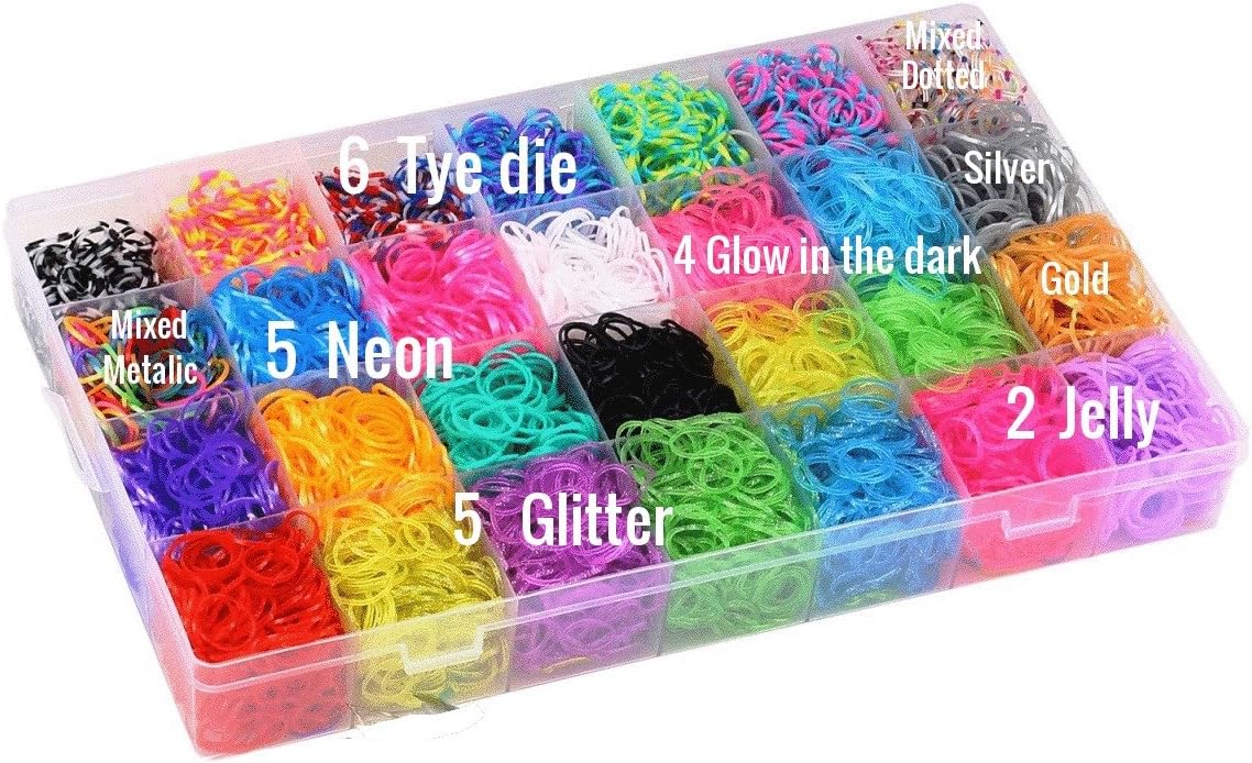 DasKid 12100+ Rubber Bands Refill Loom Set 11,000+ Loom Bands 42 Colors 600 Clips 200 Beads + 52 ABC Beads 30 Charms 10 Backpack Hooks 10 Tassels 5 Crochet Hooks 5 Hair Clips +ABC & Number Stickers