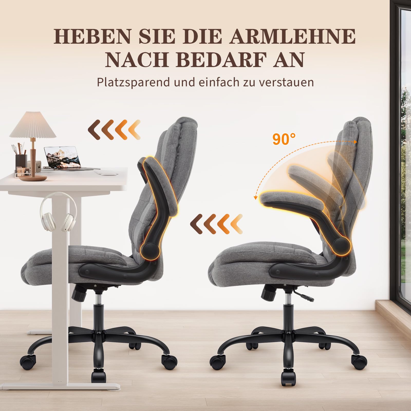 IWMH Ergonomischer Bürostuhl,Schreibtischstuhl mit Hochklappbaren Armlehnen | Chefsessel Stoff Hohe Rückenlehne Höhenverstellbar für Home Office & Büro (Grau)
