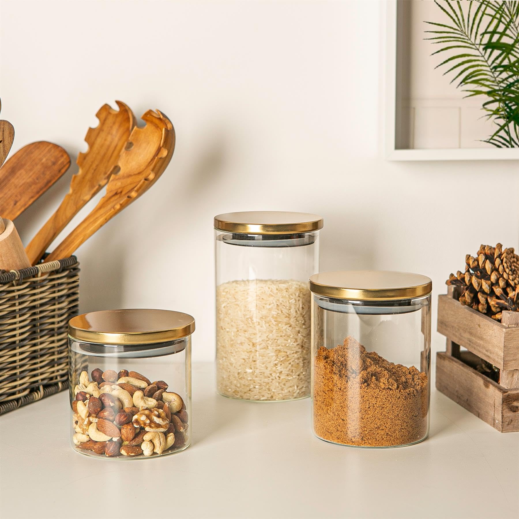 Argon Tableware Verre de Stockage Jars avec Couvercle métallique - Moderne Cuisine contemporaine de Stockage des Aliments Canister - Joint en Silicone - 1 Litre - Or - Lot de 6