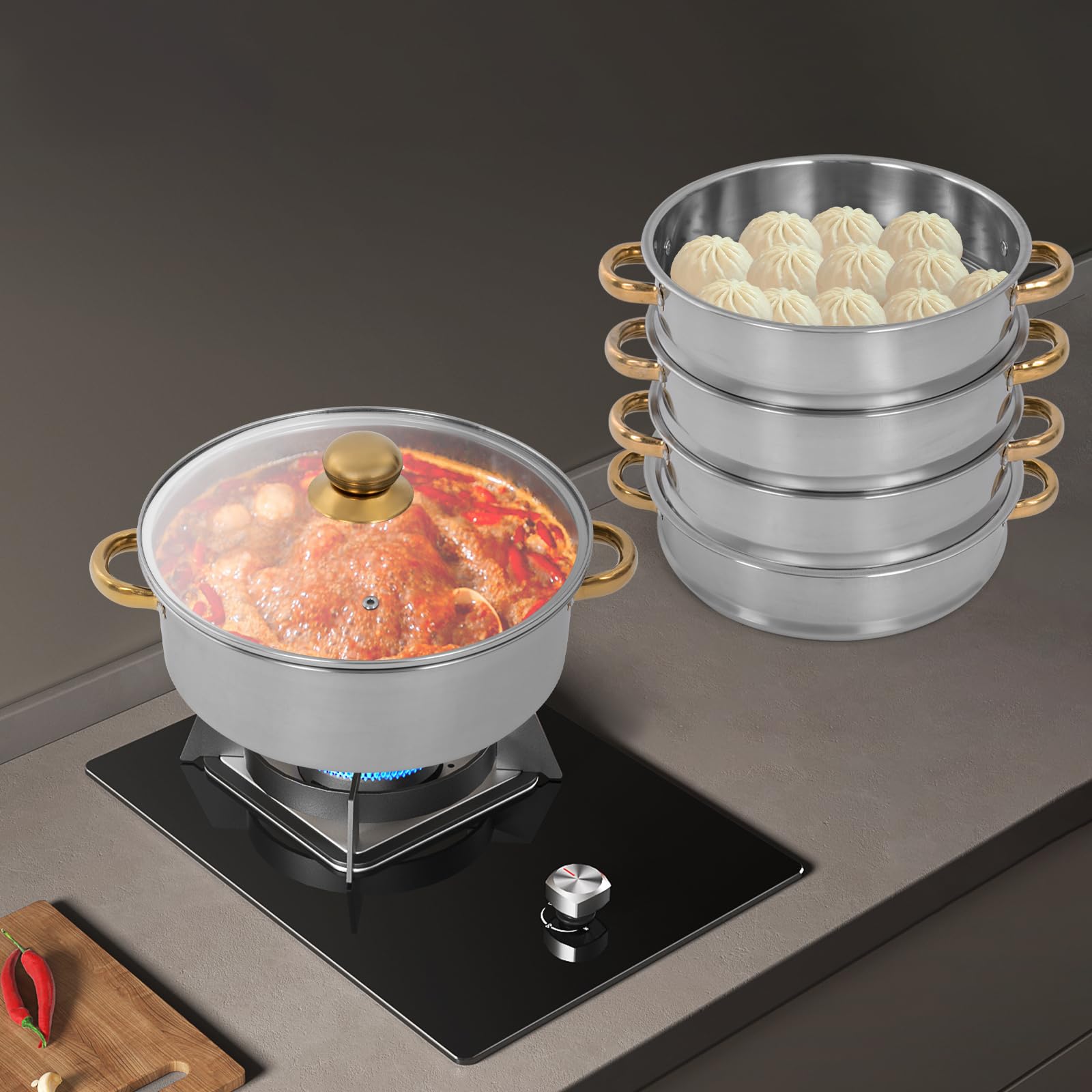 Stainless Steel Steamer Pots, Non-Stick Meat Vegetable Cooking Steam Pot Kitchen Steamer Cooker Dumpling Steamer Cookware Steaming Pots for Induction Cookers, Electric Ceramic Stoves (5-Tier, 30cm)