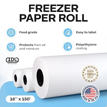 Freezer Paper Roll 18 x 1800 (150 feet) - USA-made White Paper for Freezing Food - Freezer Material with Special Coating for Meat & Fish - Strong Barrier Against Air and Moisture by IDL Packaging