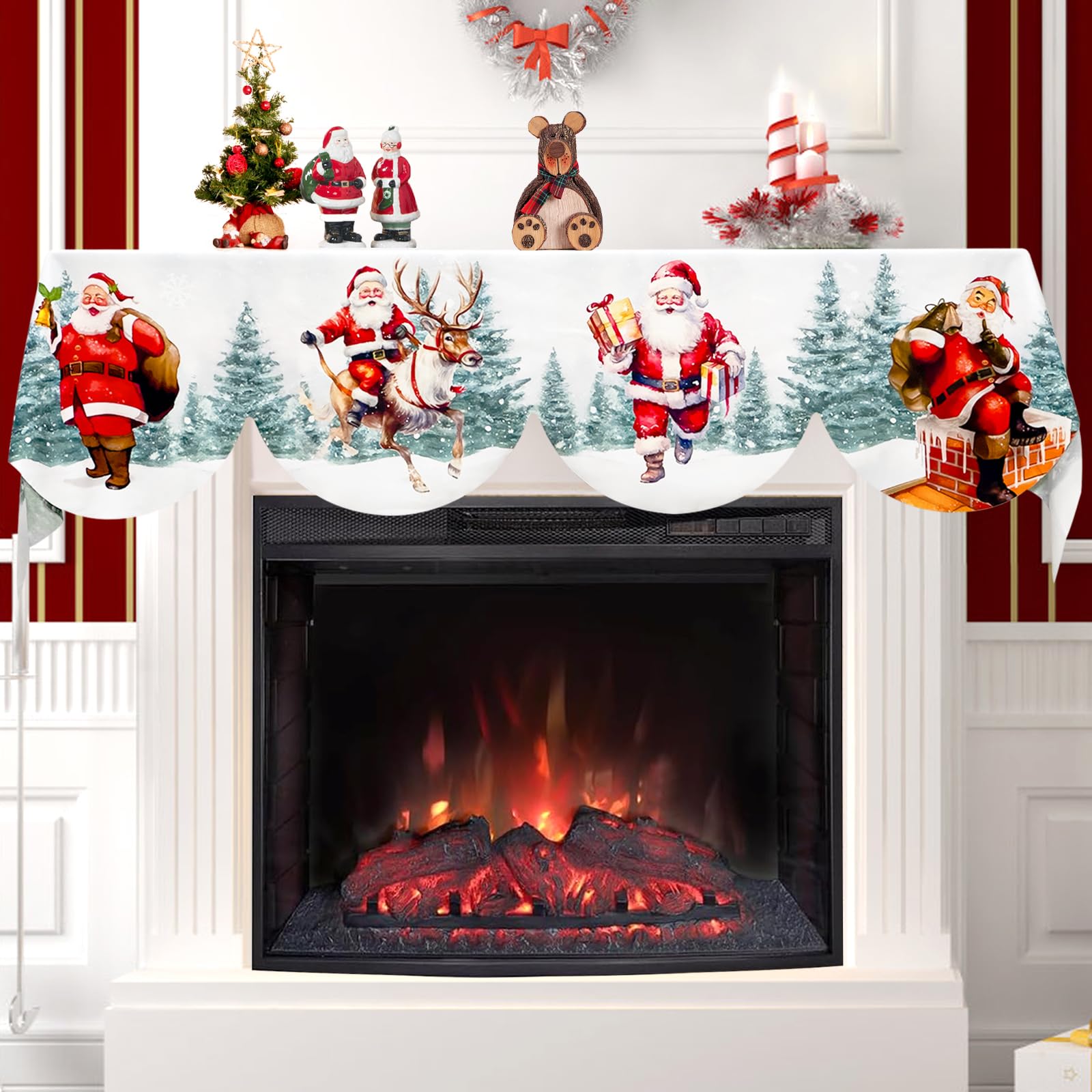 AerWo Christmas Mantel Scarf 79x20 Inch Fireplace Decoration, Santa Claus Fireplace Cover for Indoor Winter Holiday Decor