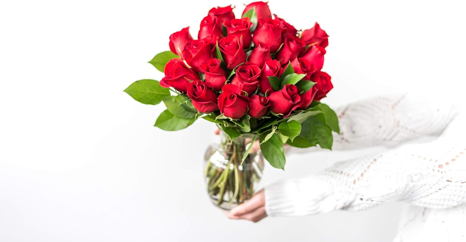 From You Flowers - Two Dozen Red Roses + Heart Balloon + Chocolate + Bear with Glass Vase | Fresh Flower Bouquets for Mother's Day, Birthday, Anniversary, Get Well or Celebration