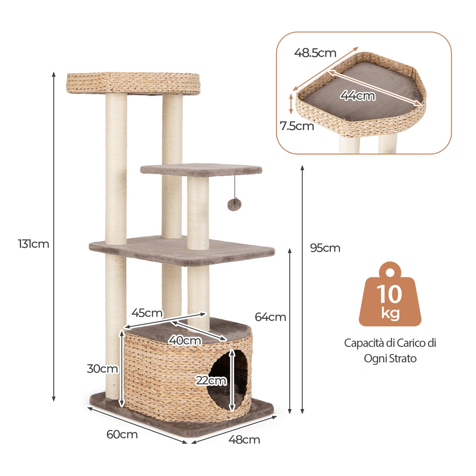 GYMAX Tiragraffi per Gatti, 60 x 48 x 131 cm, Intreccio a Mano di Giunco, Tronco in Sisal, Ideale per Gatti Grandi Adulti Medi Piccoli (Stile 7)