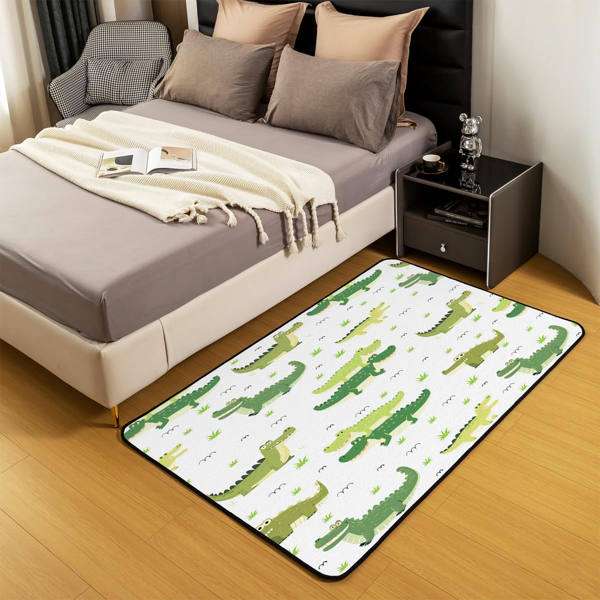 Homewish Krokodil Teppich 100x150 Gras Kinder Jungen Mädchen Jugendliche Teppich Wohnzimmer Hand Gezeichnete Cartoon Crocodile Einfach Carpet Niedliche Grüne Krokodile Grasland Stilvoll Rug