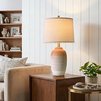 USumkky 24.5" Ceramic Table Lamp with 5FT Cord, Single Farmhouse Vintage Rustic Bedside Lamp for Living Room Bedroom Entryway, Linen Shade Nightstand End Table Decor Bulb Not Included-White&Brown