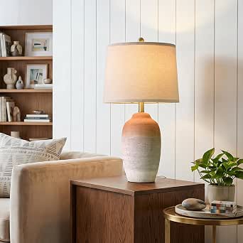 USumkky 24.5" Ceramic Table Lamp with Linen Shade, Rustic Farmhouse Style, White & Brown