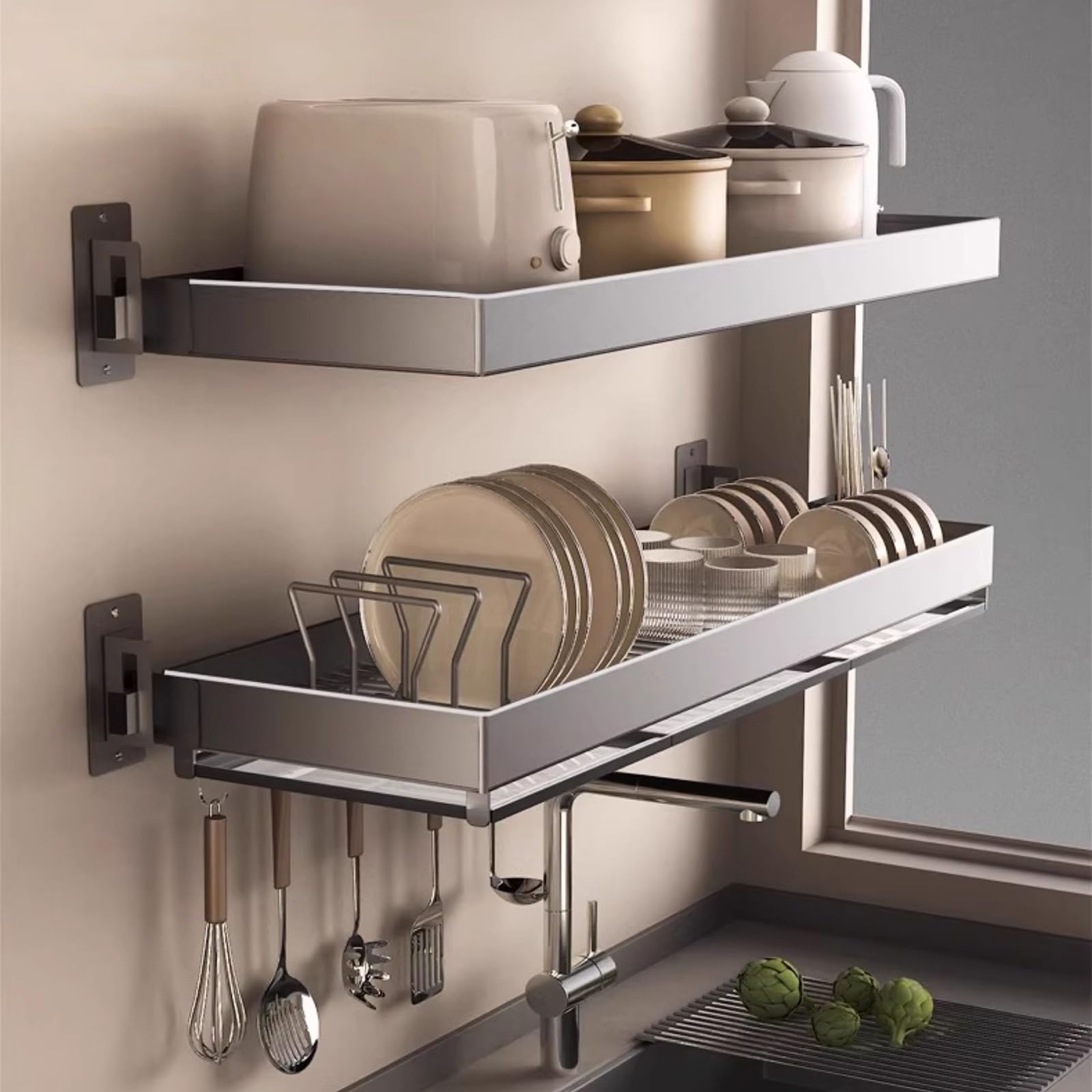 Ampio scolapiatti da posizionare sopra il lavello, salvaspazio, da fissare alla parete della cucina, versatile scaffale portaoggetti per cucina e sala da pranzo(2 pc,80cm/31.5in)