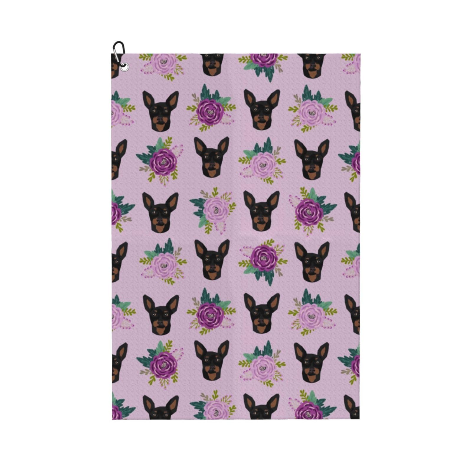 Hnnkloy Miniature Pinscher Lavender Florals, 16x24 in Portable Waffle Golf Towels with Carabiner Clip for Golf Bag