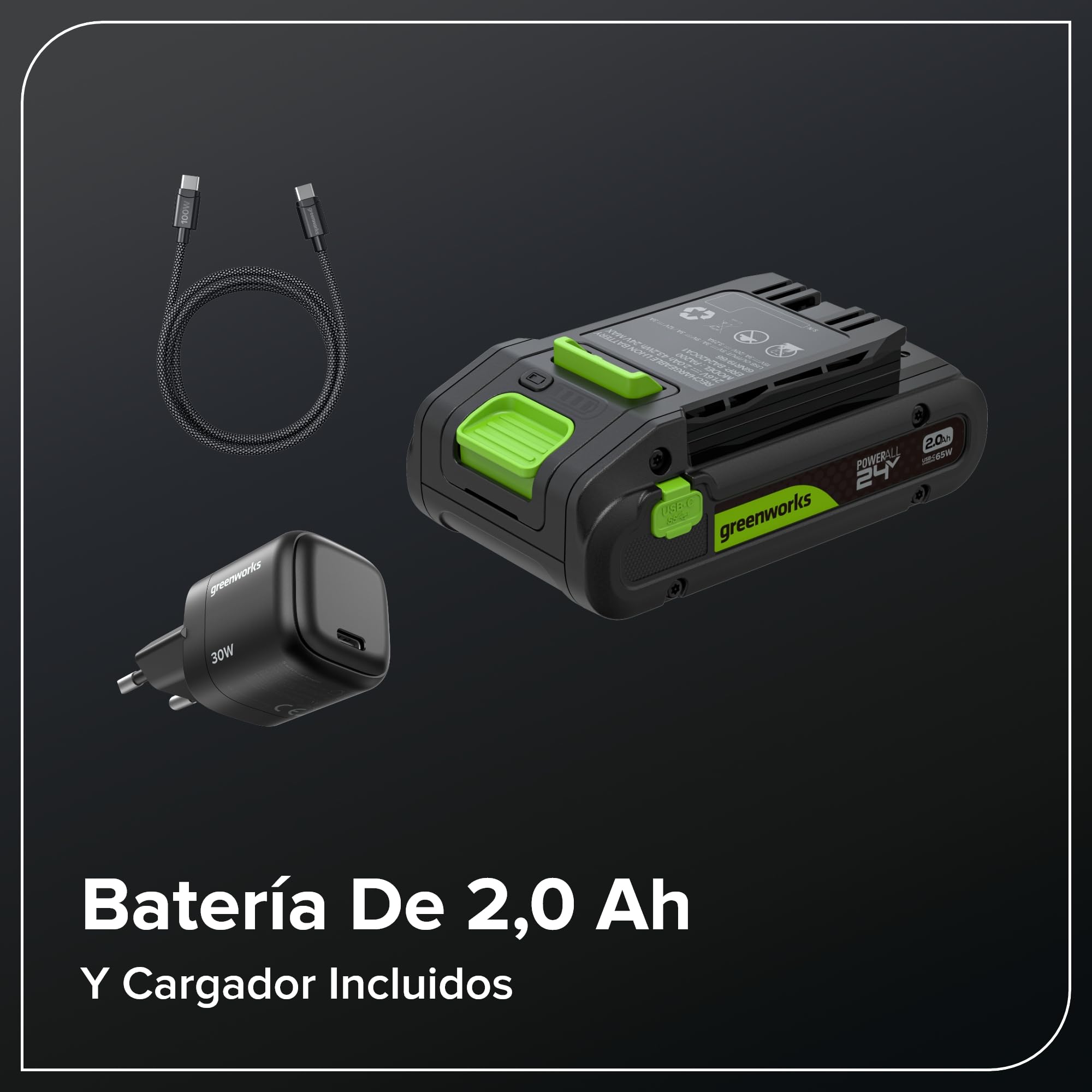 Greenworks Cortasetos a batería 24V 51 cm con batería 2.0Ah, Motor brushless, Cuchilla Doble acción 28 mm, Hedge Sweeper, Cargador USB-C Incluido HT2002A1
