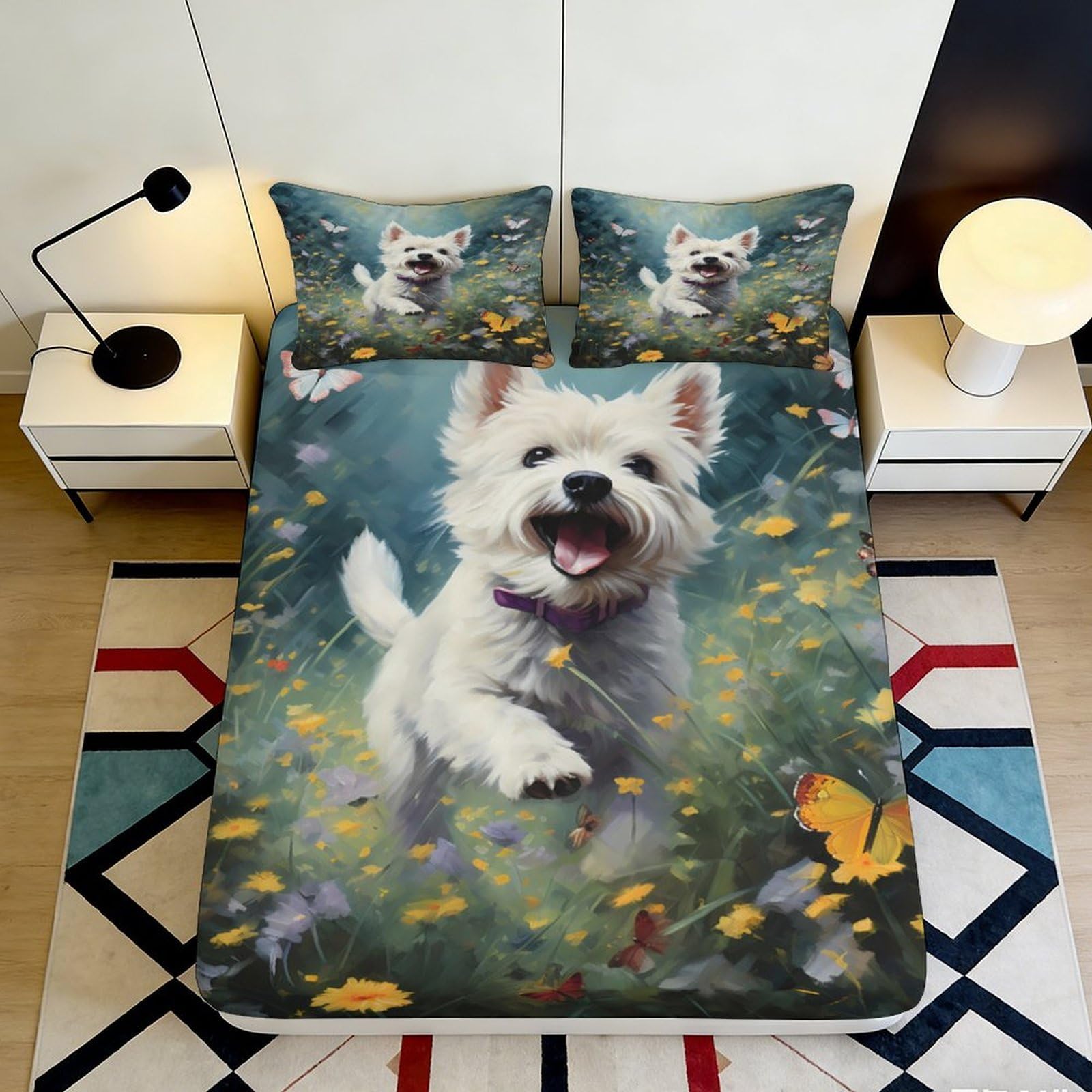 3D Printed White Westie Dog Fitted Sheet Microfiber Soft Anti-slip Spring Meadow Bed Cover for Bedroom Guestroom 90x200x25cm