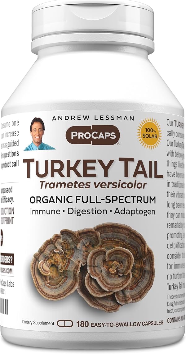ANDREW LESSMAN ProCaps Extracto Orgánico de Cola de Pavo, 180 Cápsulas | Cola de Pavo orgánica de espectro completo con cuerpos fructíferos y micelio en cápsulas convenientes.