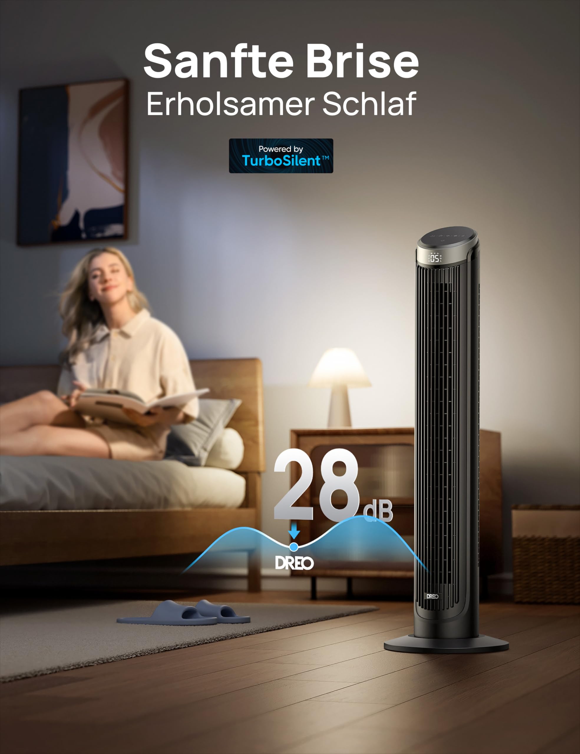 DREO Smart Turmventilator, 90° Oszillierend Standventilator, 7.9 m/s, 5 Stufen, 4 Modi, Touch/Fernbedienung/App, Alexa, 12H Timer, Silber