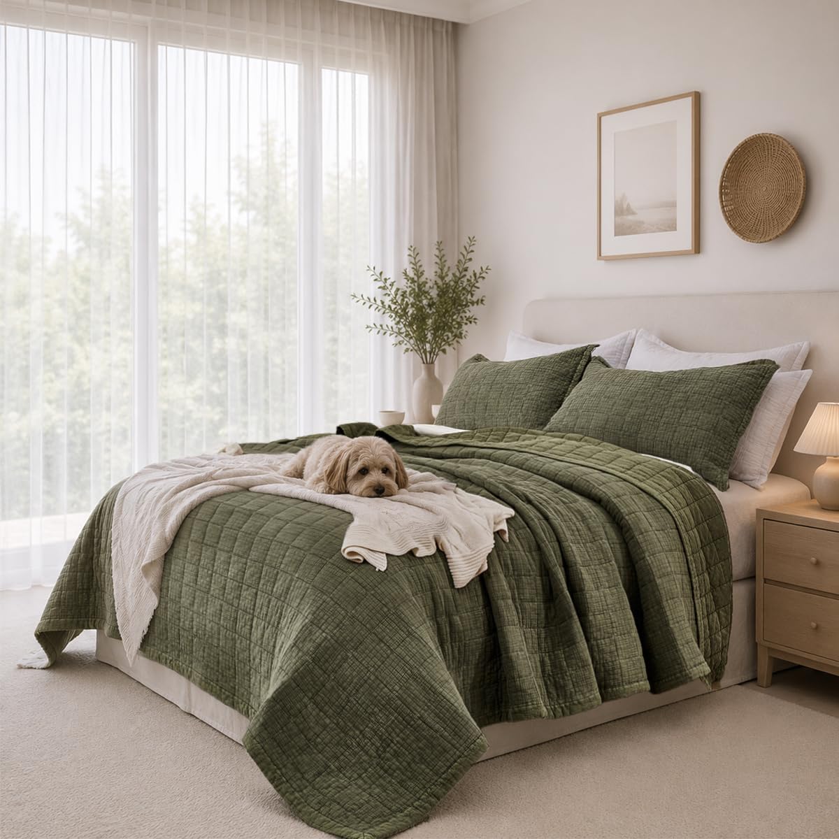 Cotton Quilt Set Oversized King Size Breathable Bedspread Coverlet 120x128 Soft Waffle Textured Extra Large Blanket All Season 3 Pieces Comforter Bedding Set with 2 Pillow Sham,Olive Green