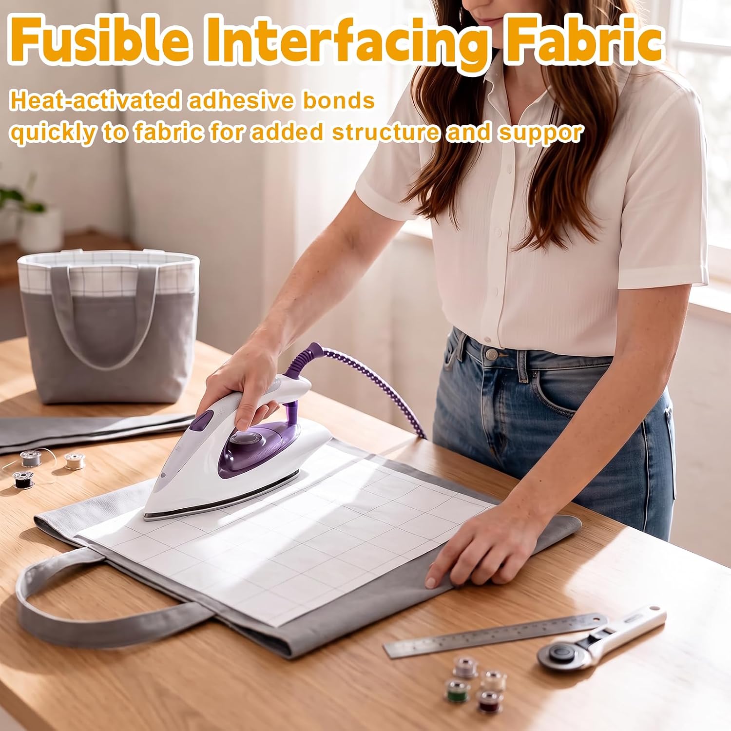 Fusible Interfacing 48" x 4 Yards, Lightweight Iron On Non Woven Interfacing Fabric with Grid Lines, Fusible Sewing Stabilizer for Quilting, Garment Sewing, Embroidery & DIY Crafts