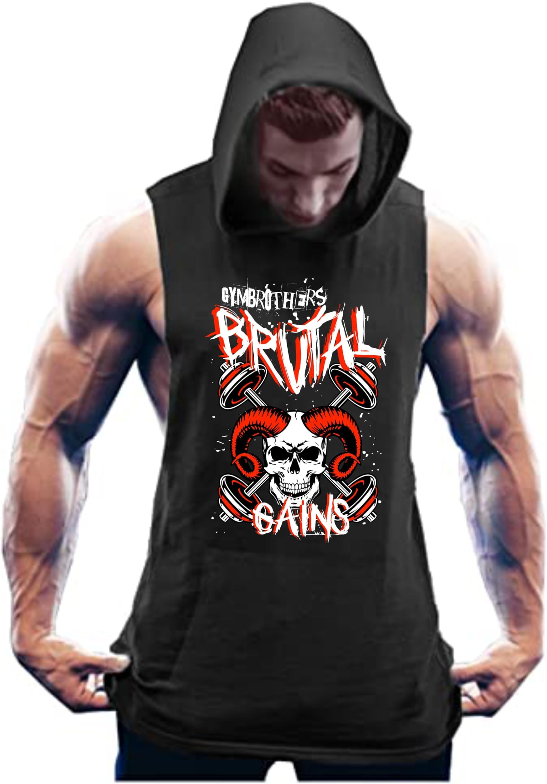 Men's Workout Hooded Body Building Muscle Cut Off Brutal Gains Gym Hoodie Black (S)