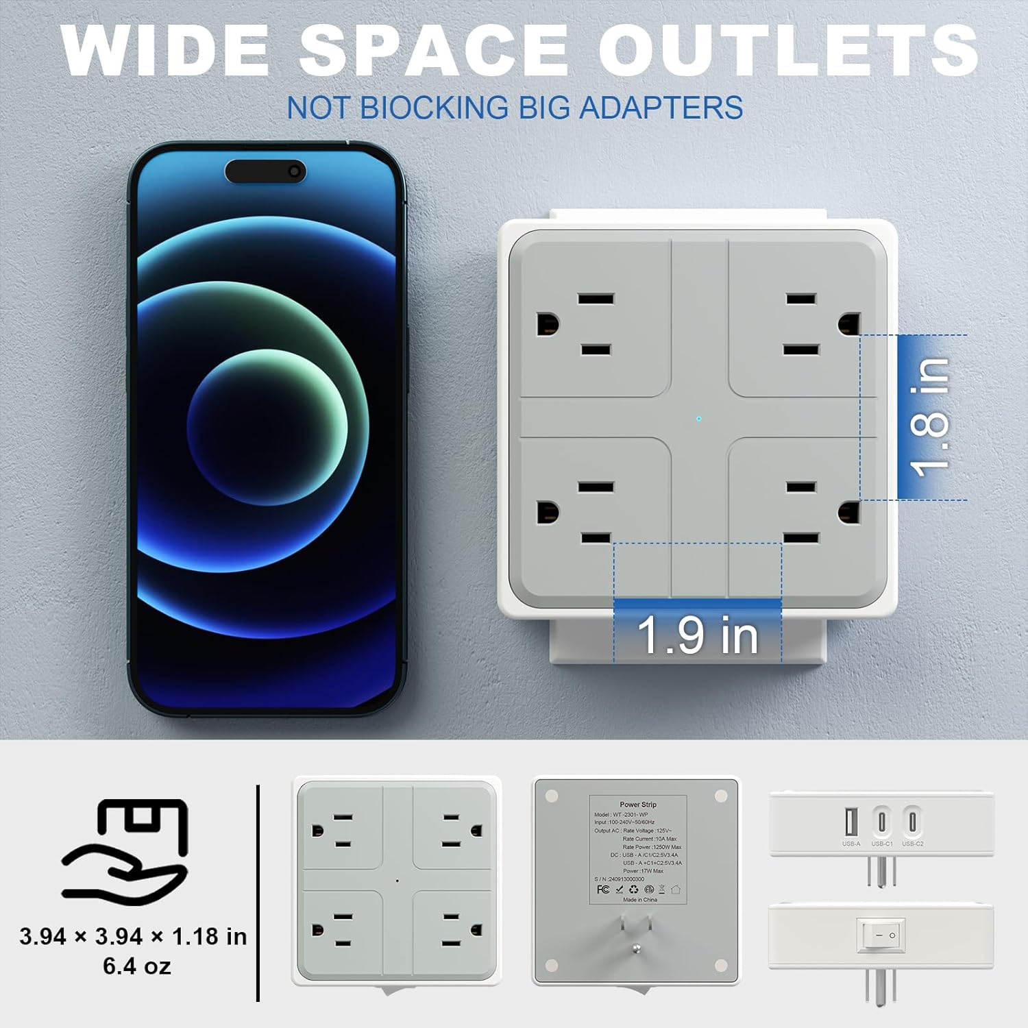 Surge Protector Outlet USB Extender - Kiudth 3 Outlet Splitter with 3 USB Ports(1 USB A), Electrical Adapters Multi-outlets with USB Ports,Square Wall Multi Plug for Travel Home Office Dorm (White)