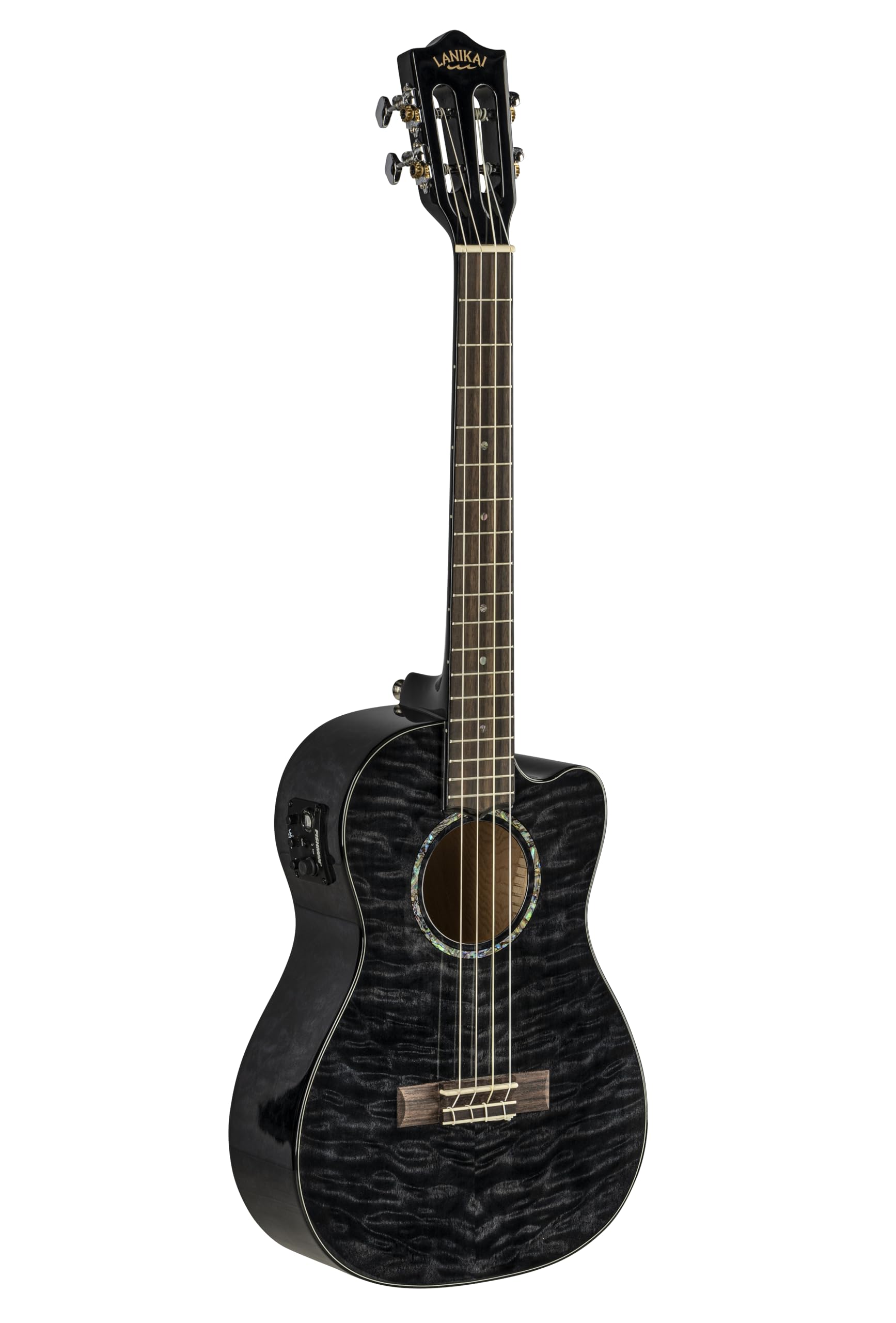 Lanikai Quilted Maple Black Stain Baritone A/E Ukulele with Foam Case (QM-BKCEB) - Image 3