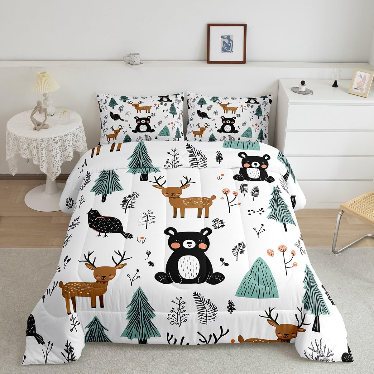 Erosebridal Kids Cartoon Animal Queen Comforter Set,Forest Animals Bedding Sets for Girls Boys,Cute Bear Deer Print Quilt Bed Set,Farmhouse Woodland Bedroom Decor,2 Pillowcases Breathable