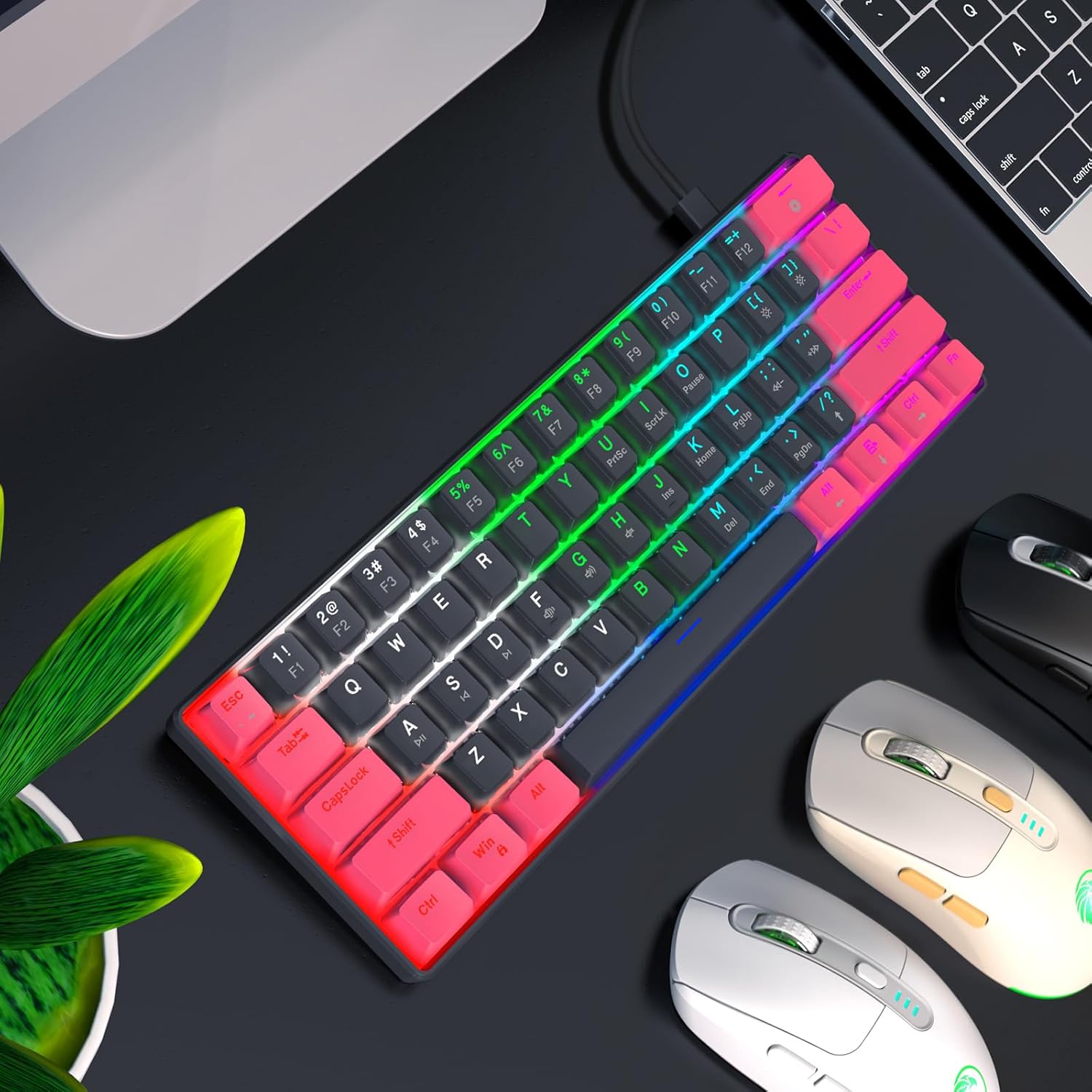 RAZEAK Compact 60% Mechanical Keyboard on a desk with vibrant, multi-color backlighting active.