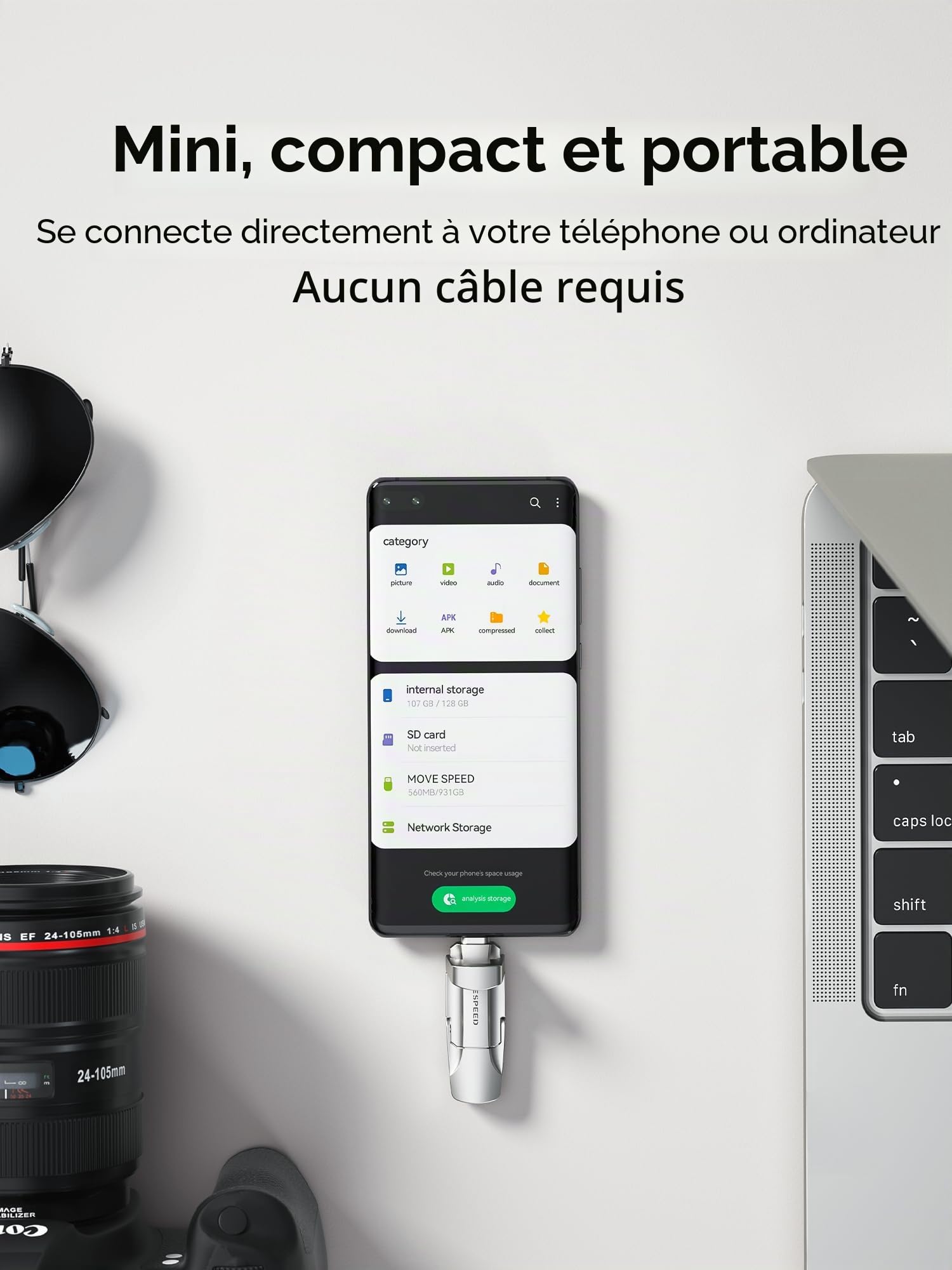 MOVE SPEED Cle USB 128 Go, USB 3.2 avec 520 Mo/s, Clé USB C 2ème Génération Disque Dur SSD Externe, avec Porte-clés et Pochette, Compatible iPhone 15/16, Android, MacBook, TV Audio