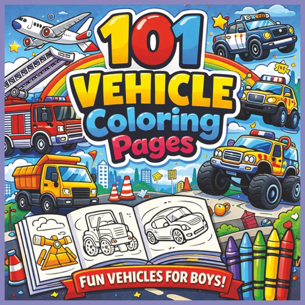 101 Vehicle Coloring Pages for Boys: Cars, Trucks & Fun Vehicles Coloring Book for Kids Ages 3–8