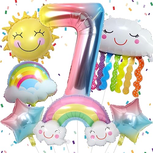 7th Rainbow Birthday Decorations, 7th Rainbow Birthday Foil Balloons Set with Sun Rainbow Gradient Stars and 40 Inch Number 7 Balloon for Rainbow Theme Girls 7th Birthday Party Decorations